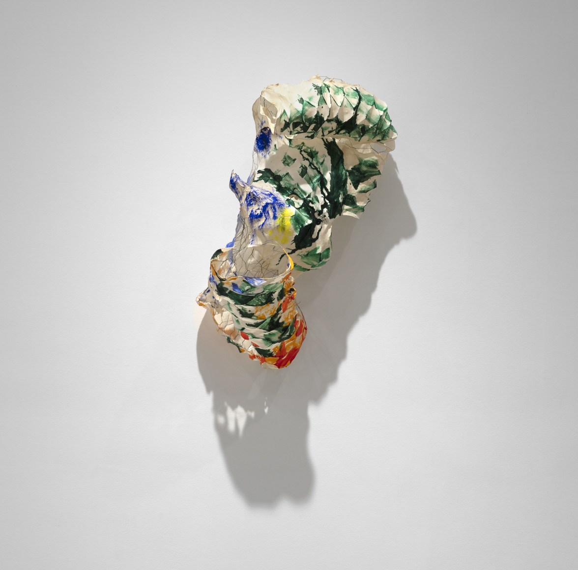 Installation view of Lynda Benglis's wall piece Animal Twister, 2017 handmade paper over chicken wire, acrylic 35 x 16 x 18 in. (88.9 x 40.6 x 45.7 cm)