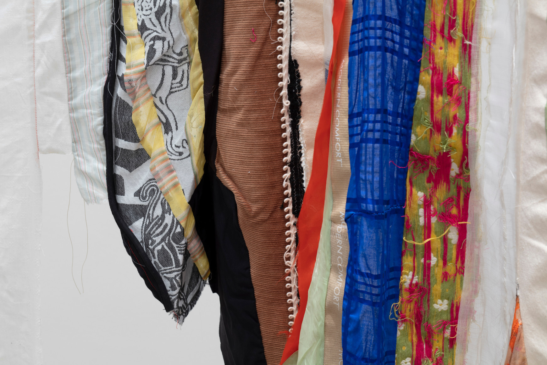 Detail of Eric N. Mack's Modern Comfort, 2019  fabric, thread, pins and rope  113 1/2 x 100 x 26 in. (288.3 x 254 x 66 cm)