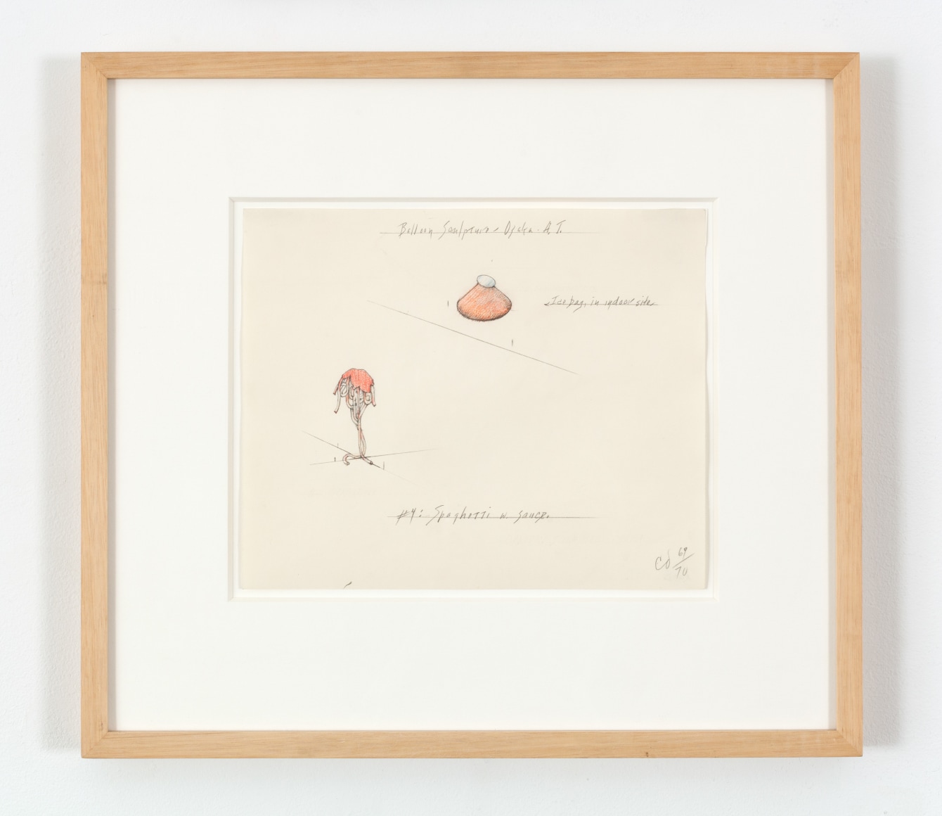 Claes Oldenburg Proposal for a Giant Balloon in the Form of Spaghetti with Sauce &ndash; Shown in Relation to the Giant Ice Bag, 1969-70 graphite and colored pencil on paper 8 x 9 11/16 in. (20.3 x 24.6 cm) framed: 14 7/8 x 16 1/4 in. (37.8 x 41.3 cm)
