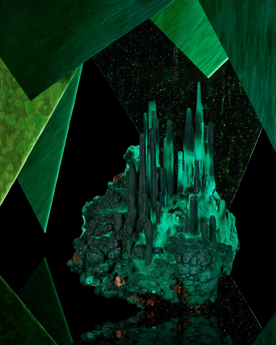 Illumination Emerald City&rdquo;, Malachite Stalactites Hero, Star of the Congo Mine, Lubumbashi, Haut-Katanga, DRC 36 cm tall x 27 cm wide