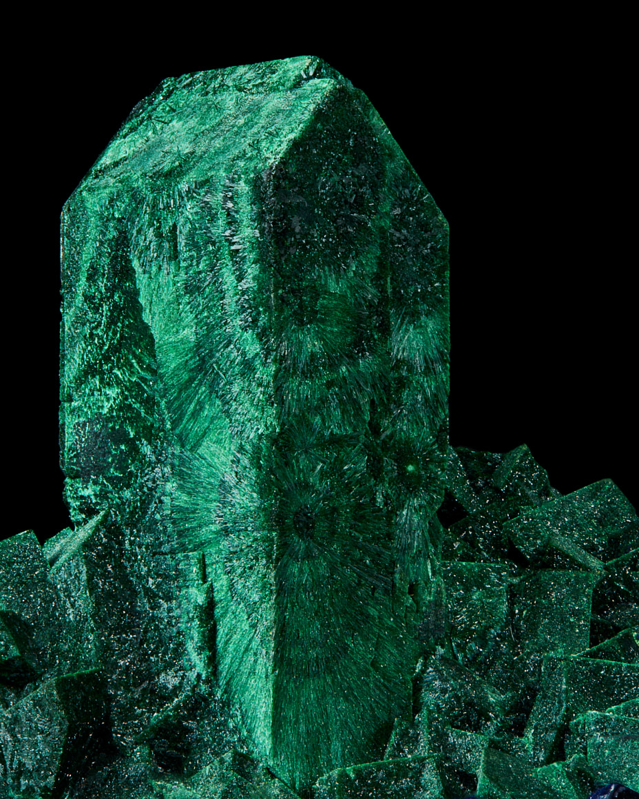 a fine mineral detail photograph of Malachite pseudomorph Azurite from Wilensky Exquisite Minerals