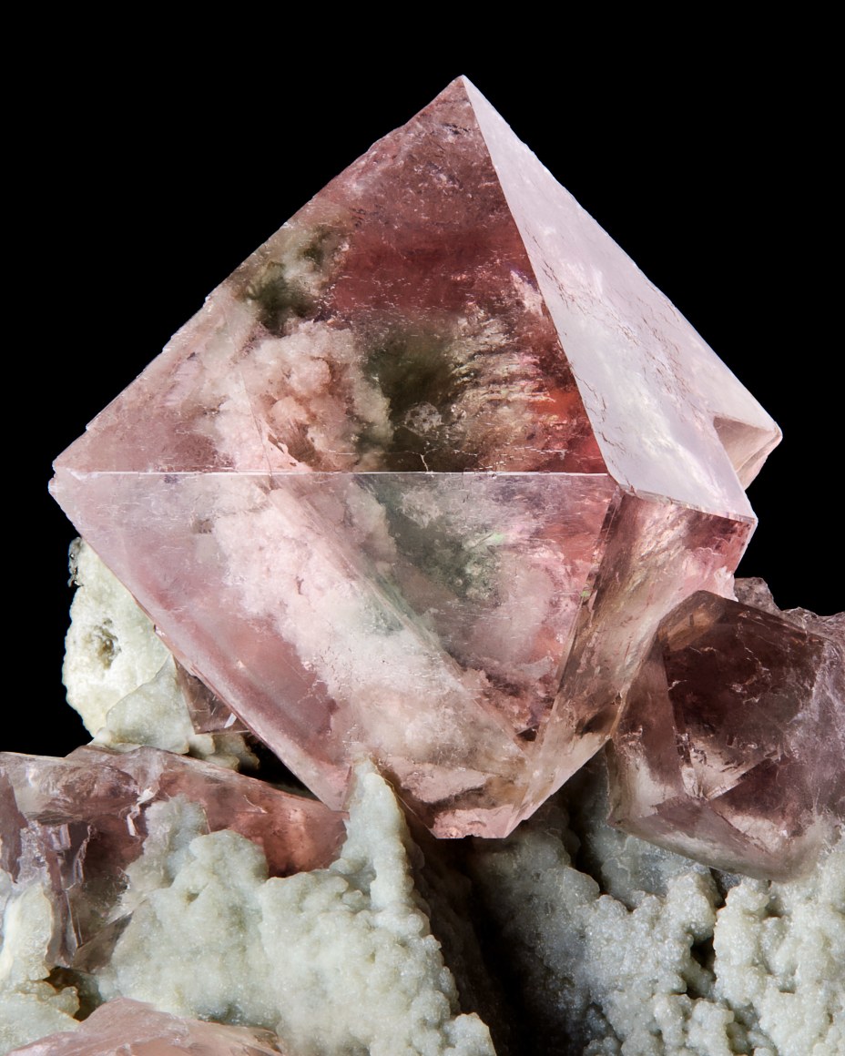 Pink Fluorite details for Wilensky Exquisite Minerals Habits exhibition. fine minerals