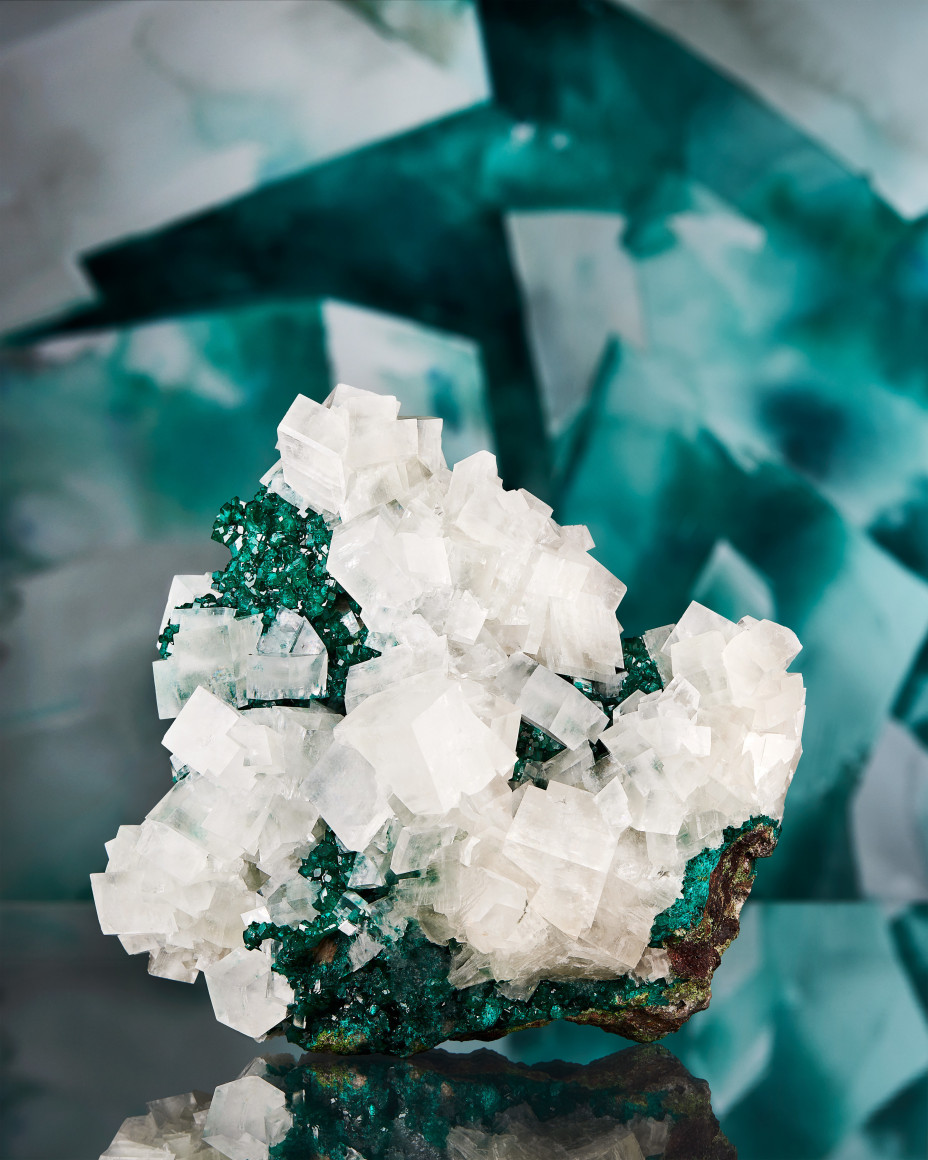 Calcite on Dioptase on watercolor background