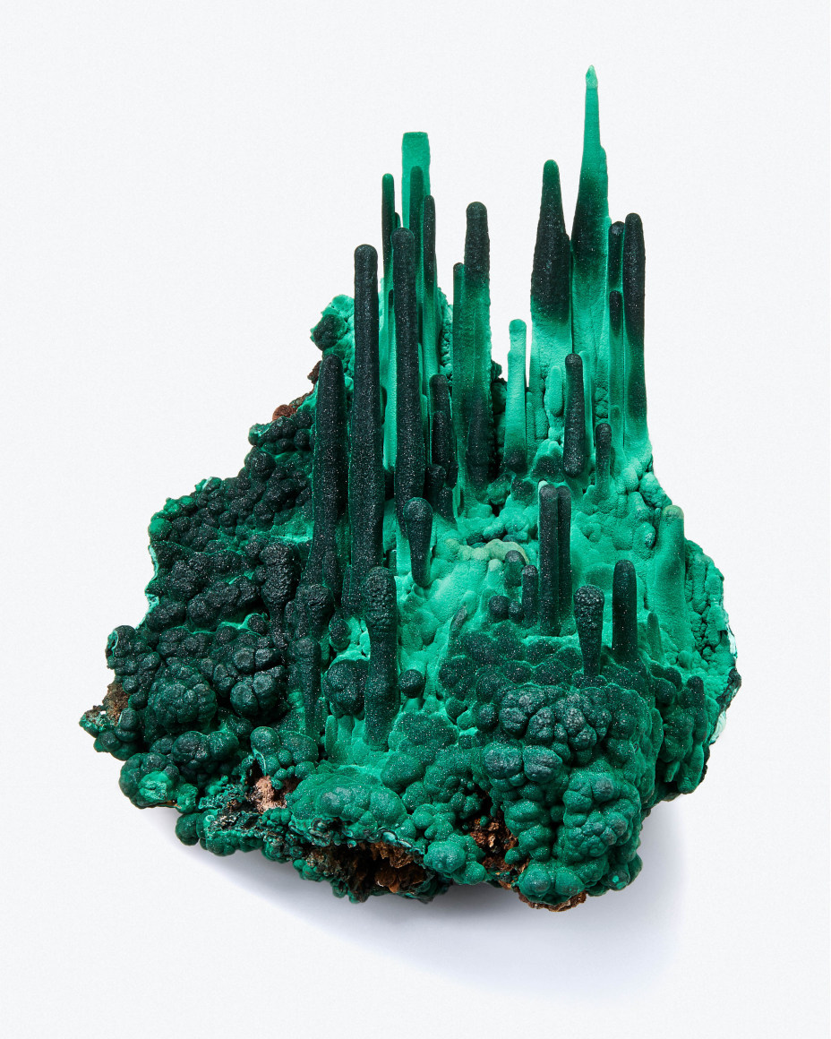 Illumination Emerald City&rdquo;, Malachite Stalactites on white, Star of the Congo Mine, Lubumbashi, Haut-Katanga, DRC 36 cm tall x 27 cm wide