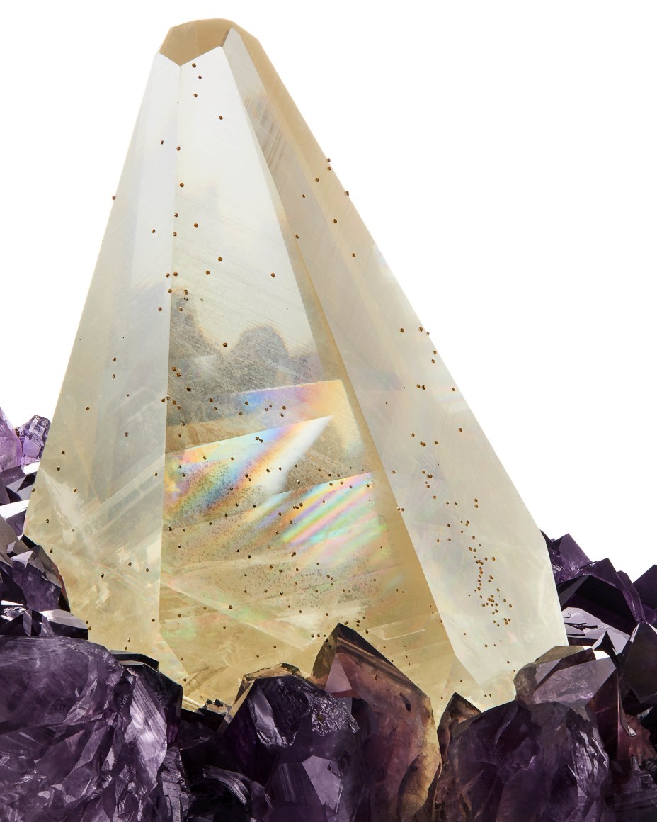 Illumination, Calcite on Amethyst with Chalcopyrite detail, Artigas, Artigas Department, Uruguay 16 cm tall x 26.8 cm wide