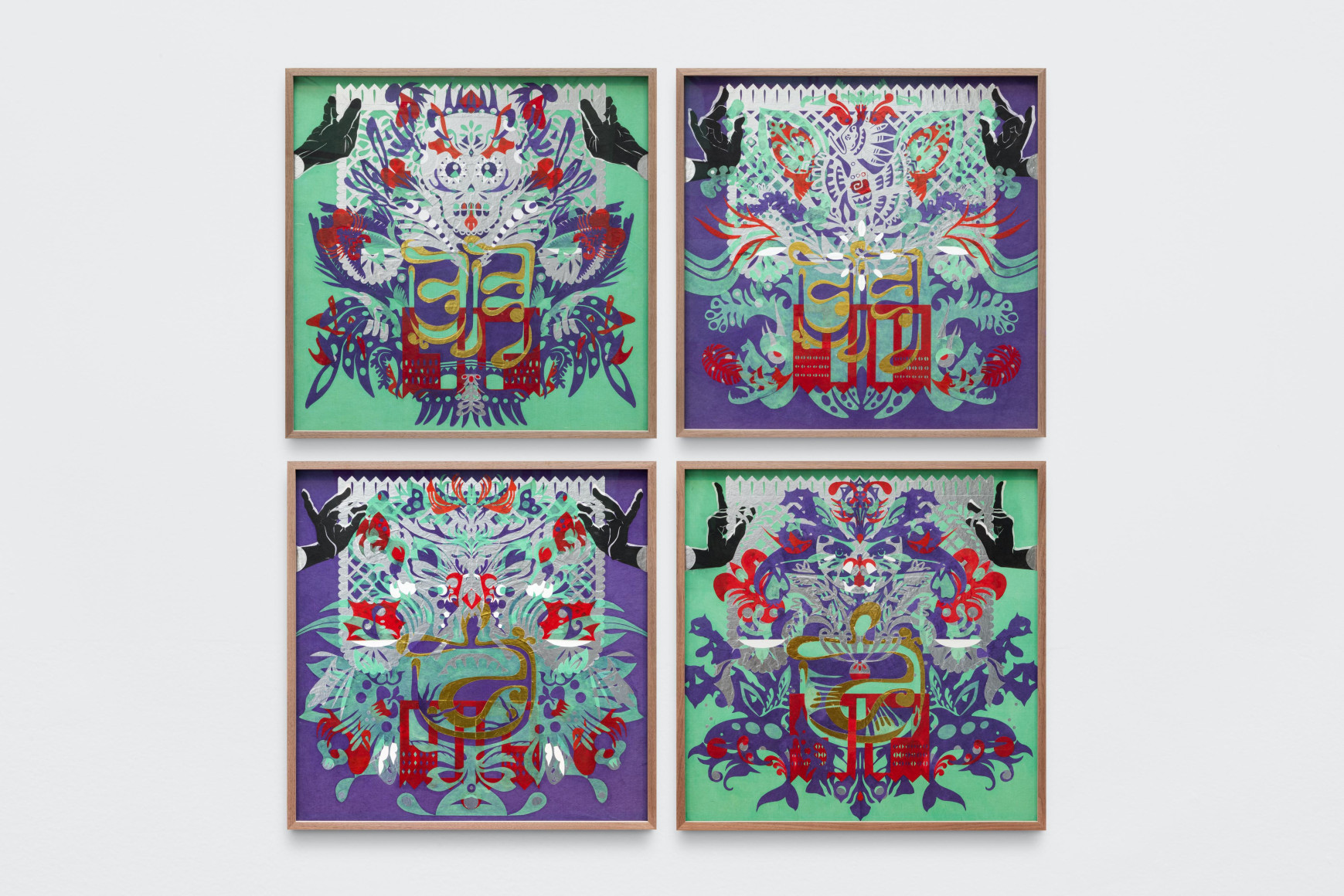 haegue yang crystal clear pantomime soul glyph quadriptych &ndash; mesmerizing mesh #265, 2024 set de 4. hanji, papel origami sobre alu-dibond, enmarcado