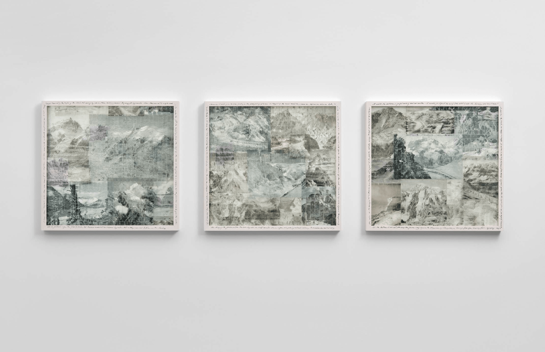 stephan crasneanscki &amp;amp; patti smith the runo, 2024 tr&iacute;ptico enmarcado, collage de t&eacute;cnica mixta, transferencias de im&aacute;genes sobre vidrio tallado a medida