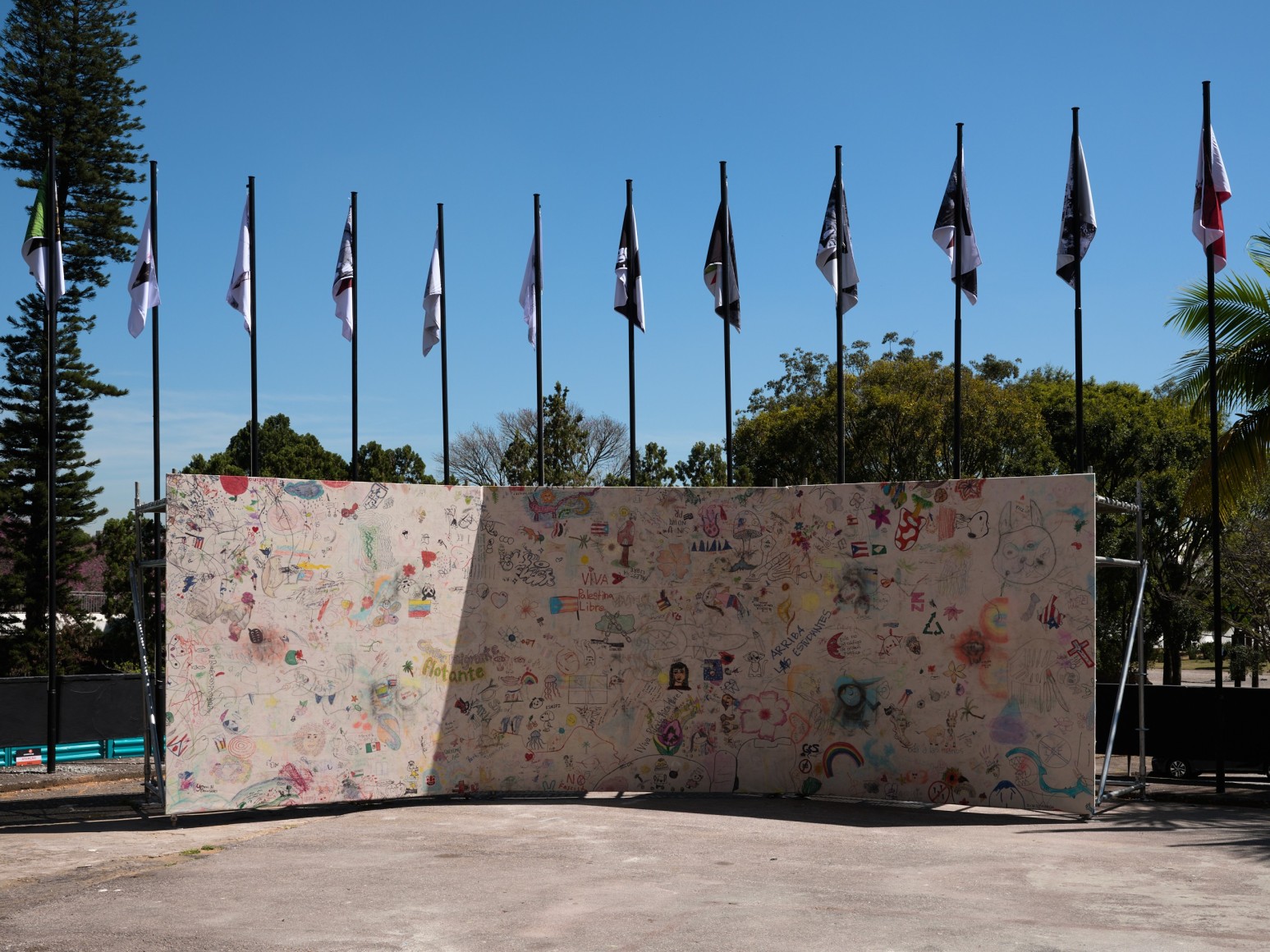 installation view oscar murillo, a song to a tearful garden, 2025.&nbsp;36th s&atilde;o paulo bienial, 6 september 2025 - 11 january 2026. photo by: reinis lismanis. courtesy the artist. copyright oscar murillo., 
