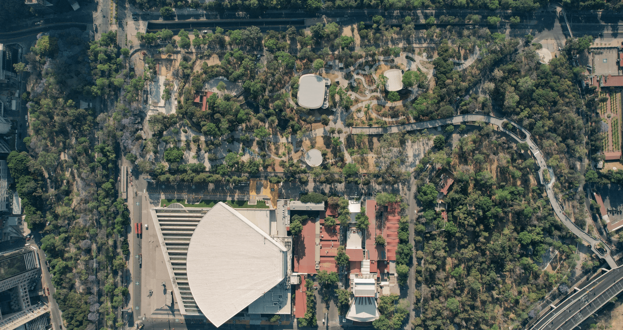 aerial view of the scenic pavilion and chivatito floating walkway. chapultepec: nature and culture
