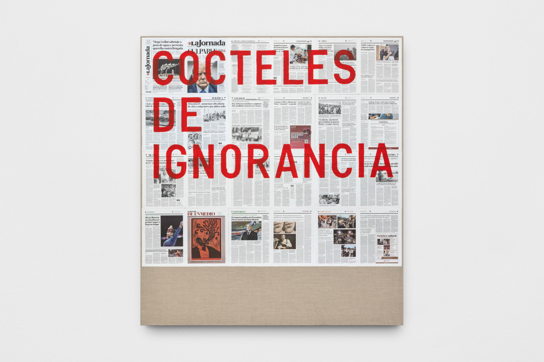 rirkrit tiravanija: untitled 2025 (cocteles de ignorancia/ 31 de mayo de 2024). acrylic and newspaper on linen.