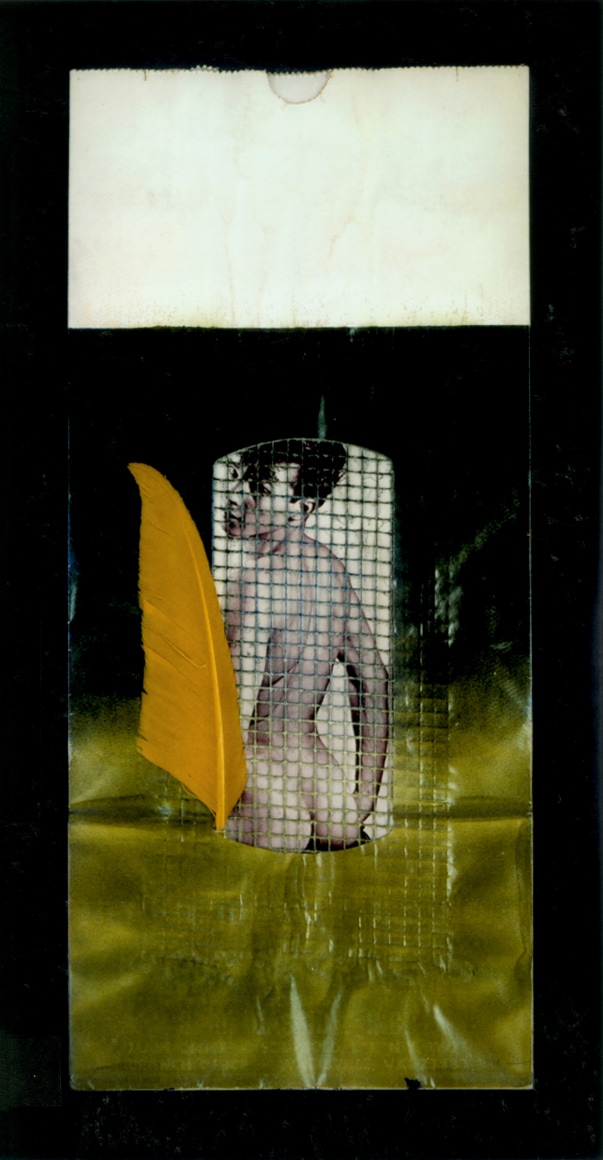 A white paper bag collaged with a yellow feather, silver wire mesh, a picture of a nude man from the back turning to look at the viewer, and a green to black gradient background in a black frame.