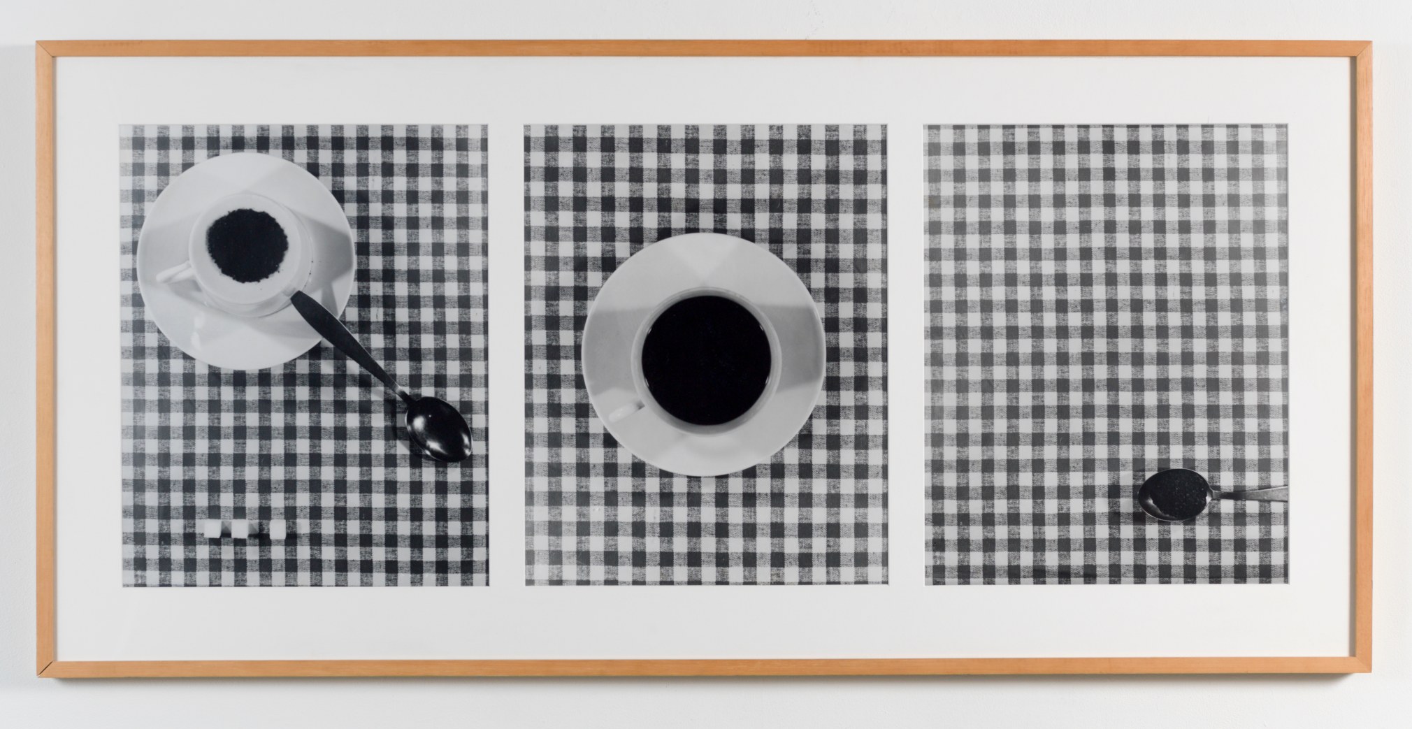 Three stages of coffee making on checkered tablecloth, in one frame.