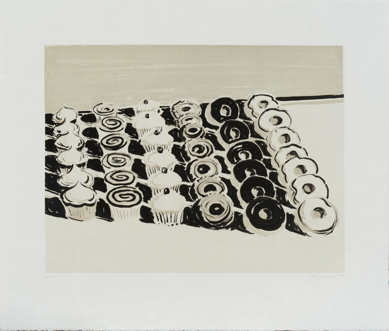 Wayne Thiebaud &quot;Dark Cupcakes and Donuts,&quot; 2006 direct gravure on gampi paper chine coll&eacute;, A.P. 5&nbsp; 18 x 24 in. [image]; 26 x 31 in. [sheet], &nbsp;