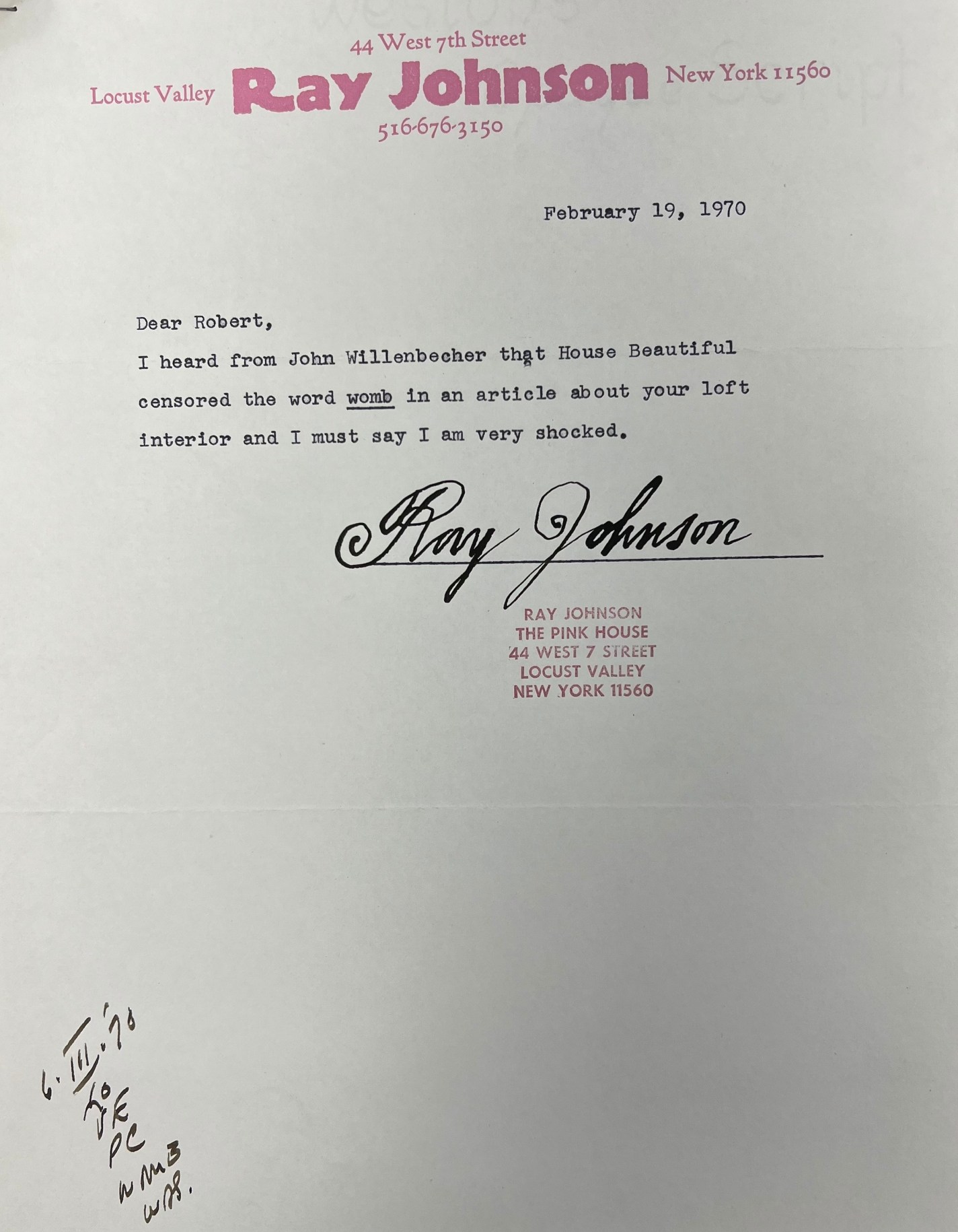 Letter from Ray Jonson to Indiana referencing the word &quot;womb&quot; being removed from Indiana&#039;s sculpture in a photograph published in the February 1970 issue of House Beautiful, &nbsp;