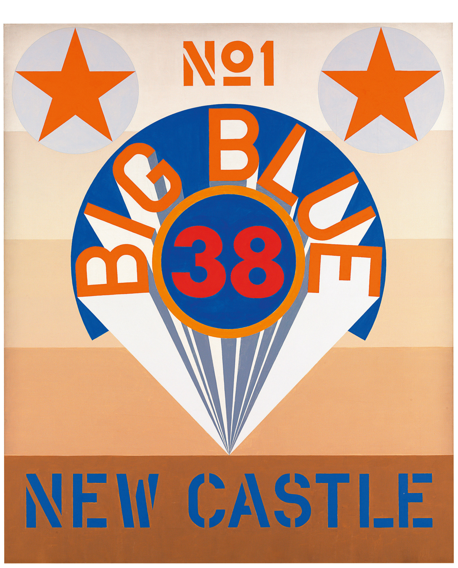 A 60 by 50 inch canvas with a ground consisting of five horizontal stripes starting with beige at top and becoming increasingly darker. The darkest brown stripe at the bottom of the canvas contains the title, &quot;New Castle&quot; painted in stenciled blue letters.  In the center of the canvas is red number 38 in a blue circle with an orange outline. Above the circle is a a blue arc with &quot;Big Blue&quot; painted in orange letters. White and gray rays emanate from behind the letters, ending in a triangle below the circle. There is a white circle with an orange star at the top left and right of the canvas, in between this No 1 has been painted in orange.