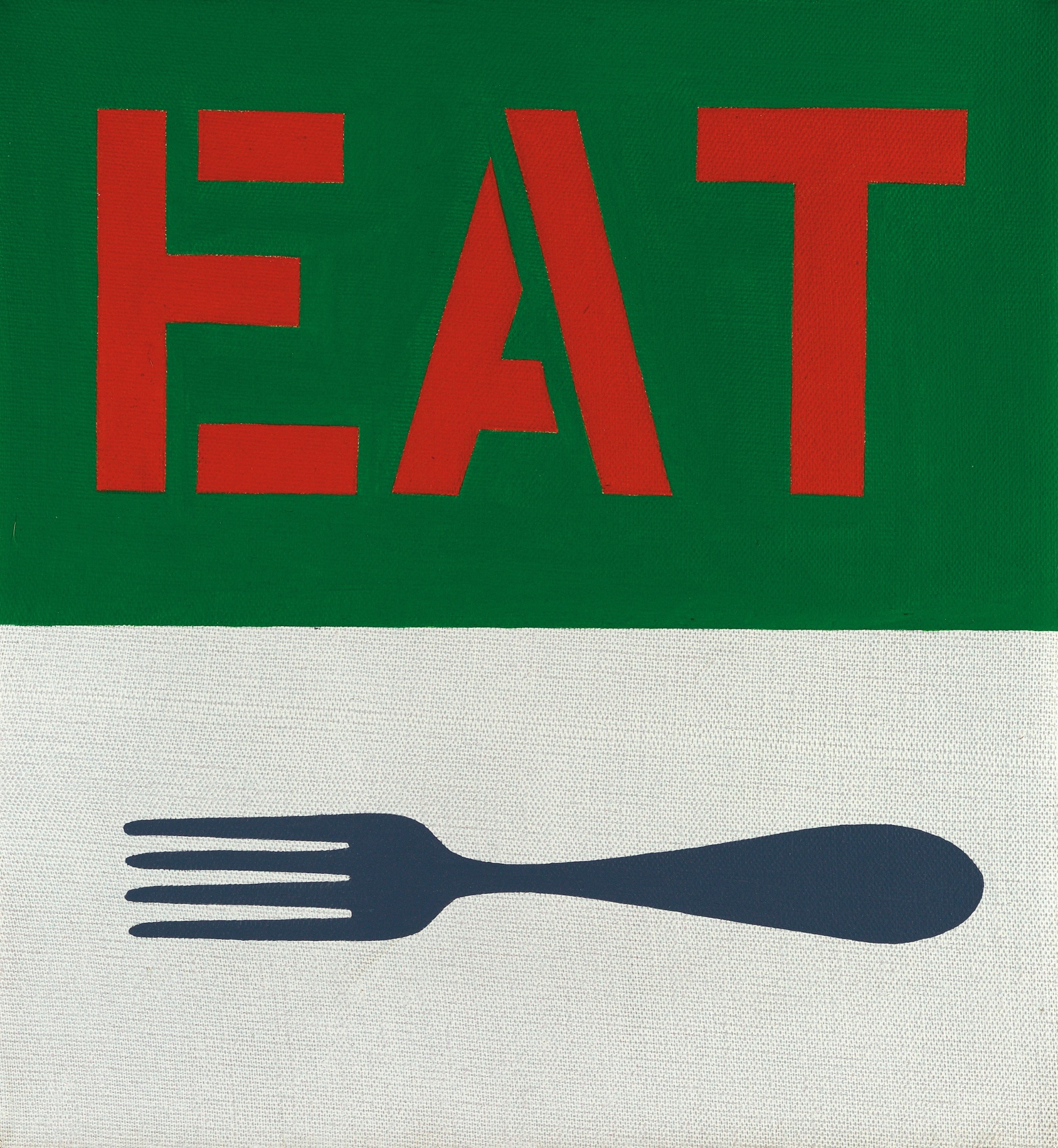 Fork, a small canvas, the upper half contains red stenciled letters spelling Eat on a green background. The bottom half of the canvas is white and contains a black fork with the tines facing to the left.