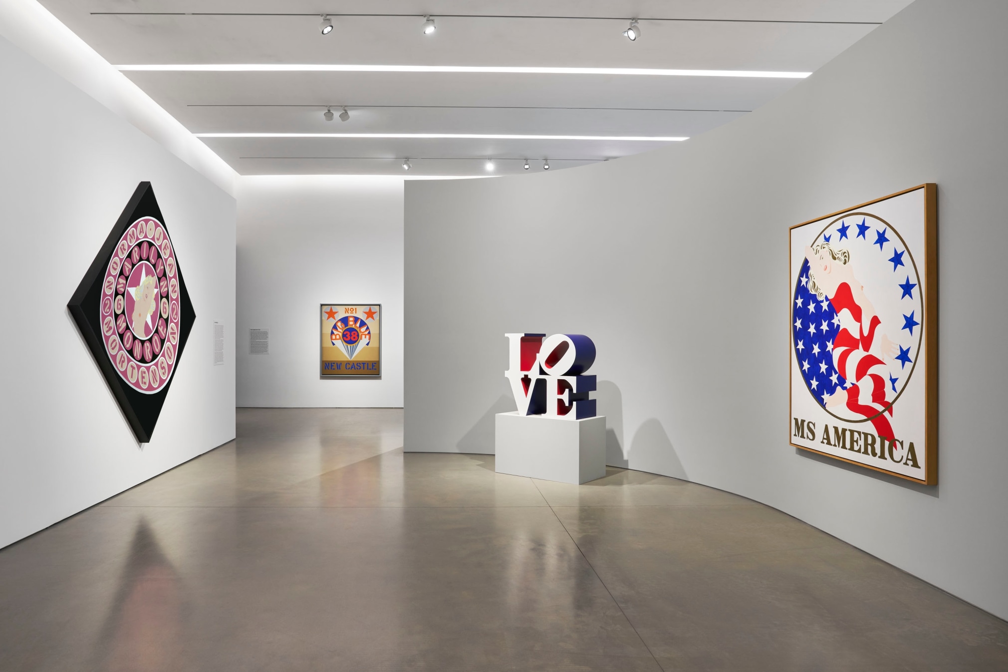 Installation view, Robert Indiana: The American Dream, Pace Gallery, New York, May 9&ndash;August 15, 2025. Left to right, The Black Marillyn (1967/1998), New Castle (1969), The American LOVE (1966&ndash;2000). and Ms America (2001)
