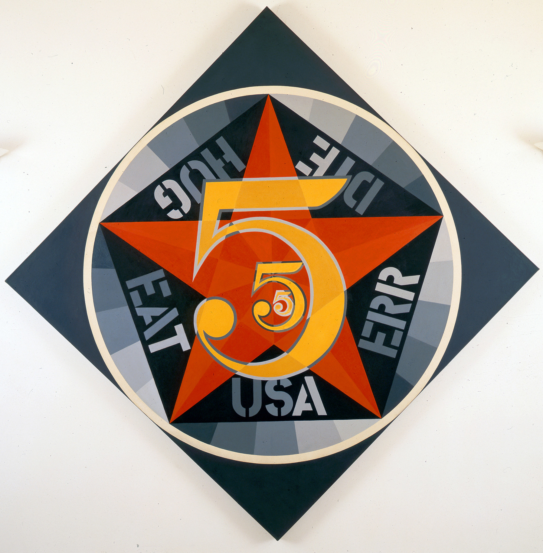 A diamond shaped painting dominated by a large circle containing three golden numeral fives agains a red star within a pentagon. Five words appear, one on each side of the pentagon. Starting with the bottom word and reading counter clockwise they are: USA, ERR, DIE, HUG, and EAT.