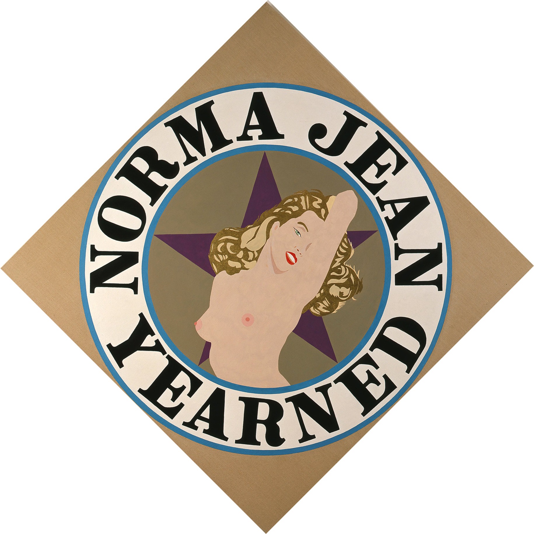 A 68 by 68 inch diamond shaped canvas with a light brown ground. In the center is a topless image of Monroe against a purple star in a light brown circle. Surrounding the circle is a white ring with a blue outlines, containing the painting's title, &quot;Norma Jean Yearned&quot; painted in black.