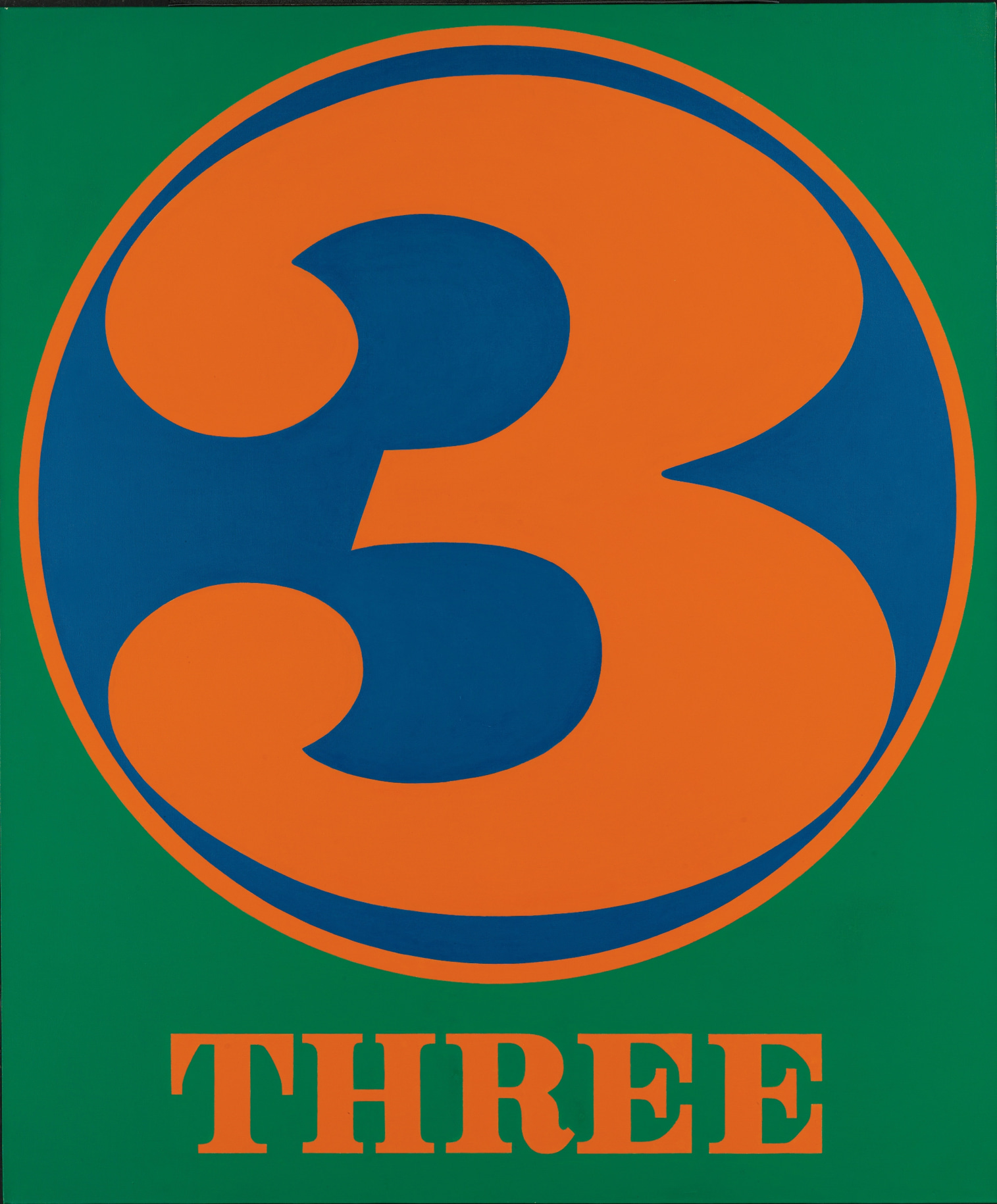 A 60 by 50 inch green canvas dominated by an orange numeral three within a blue circle with an orange outline. Below the circe the painting's title, &quot;Three,&quot; is painted in orange letters.