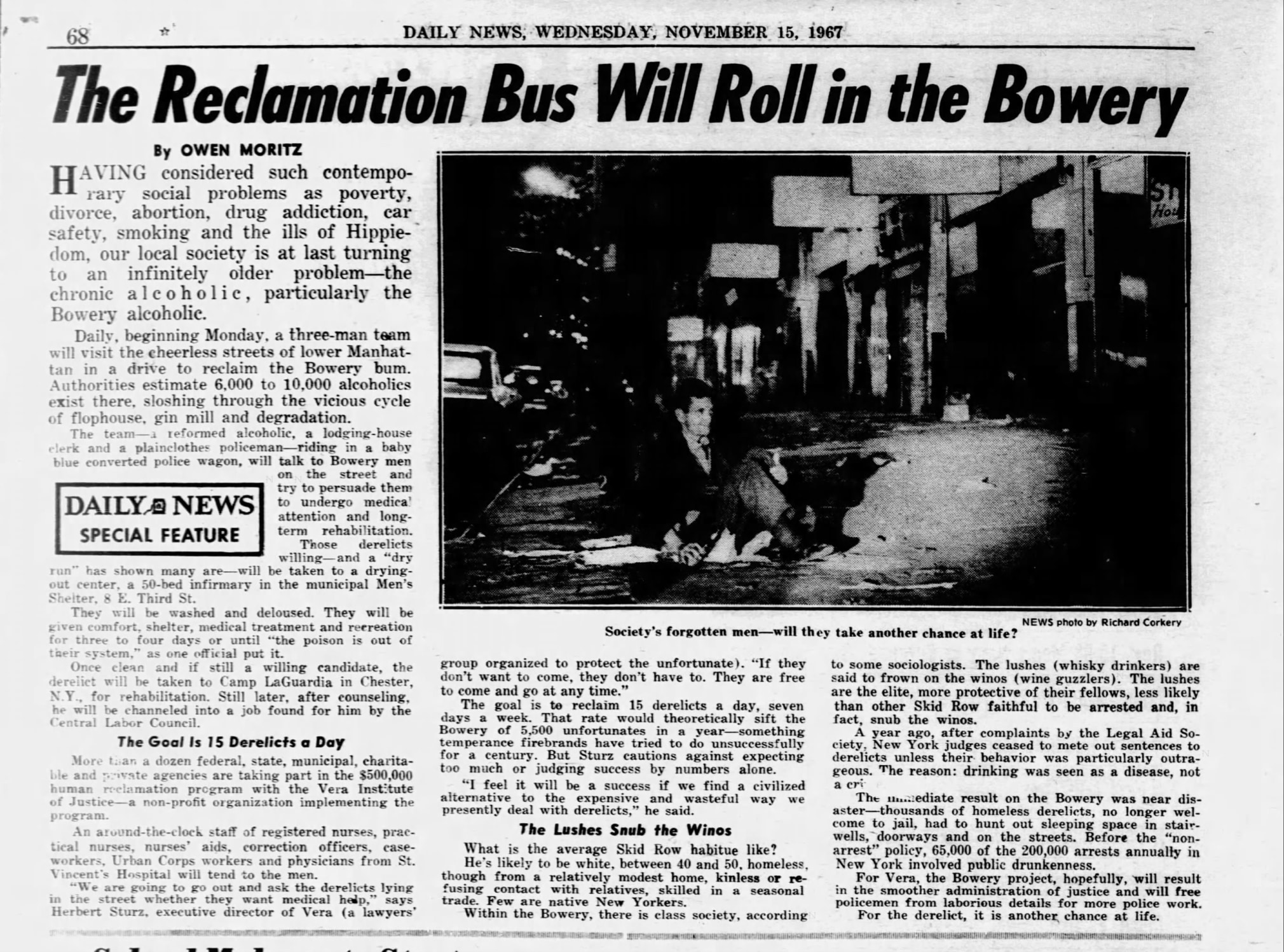Article from the Daily News (New York), dated November 15, 1967, discussing homelessness and alcoholism on the Bowery