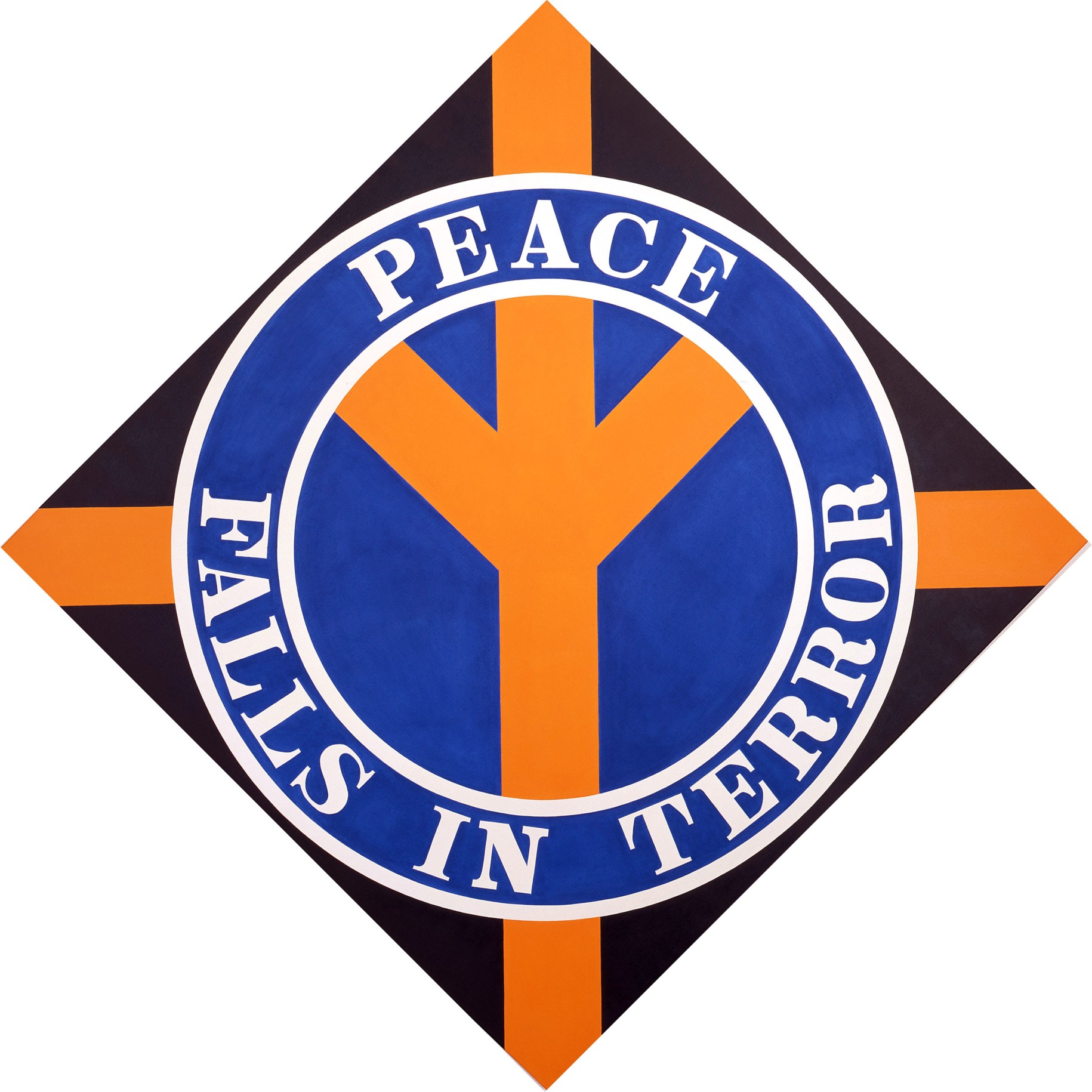 A 67 1/2 by 67 1/2 inch diamond shaped black painting with an upside down orange peace sign in a blue circle. The ring around the circle is blue with white outlines. In it the work's title, &quot;Peace Falls in Terror,&quot; is painted in white letters. &quot;Peace&quot; appears on the top half, and &quot;Falls in Terror&quot; appears on the bottom half. Orange rectangular bands of paint go from the outer edge of the circle to each corner of the triangle.