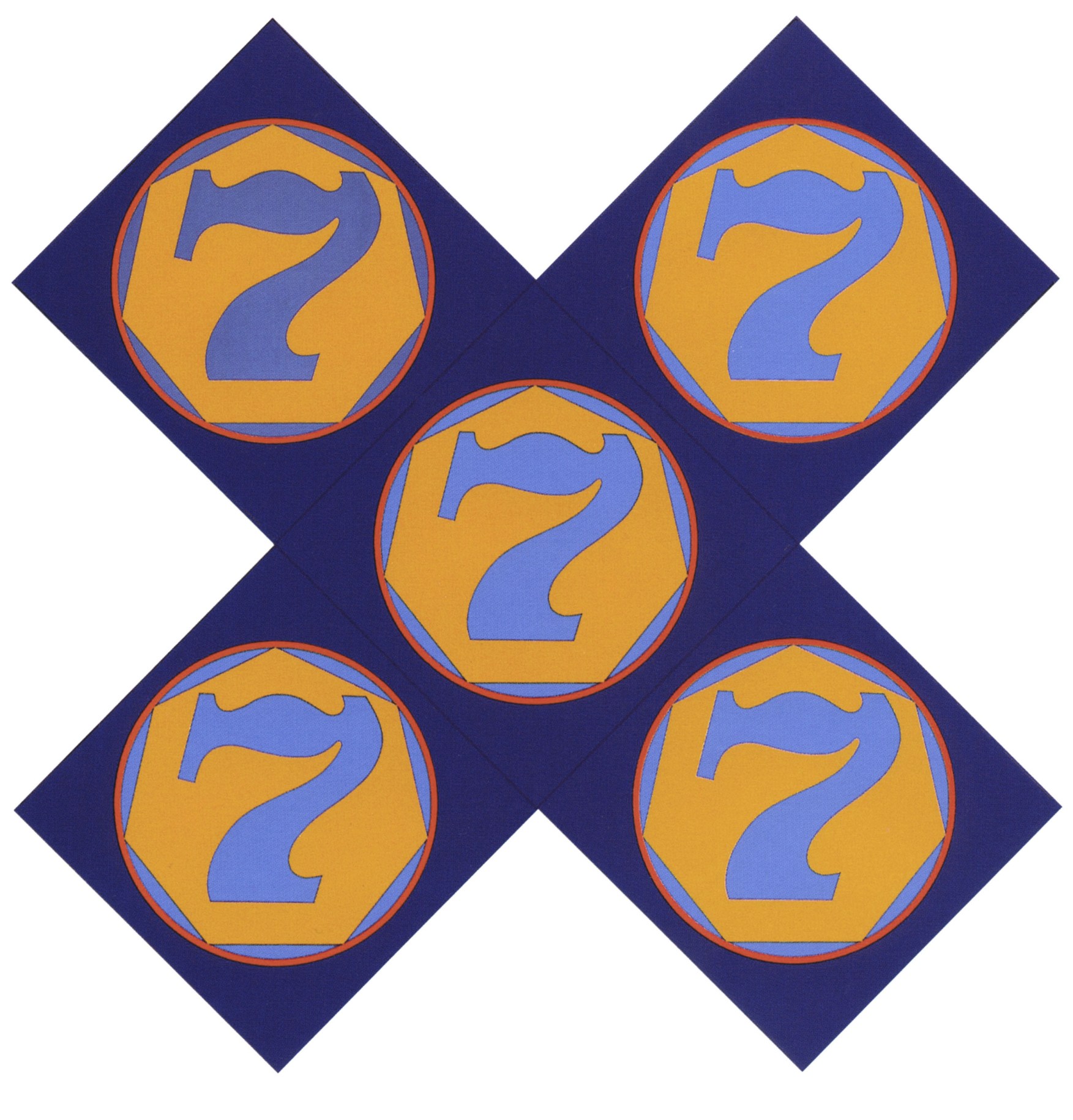 The X-7, an X-shaped painting comprised of five identical panels and measuring 170 by 170 inches overall. Each panel has a dark blue ground, and is dominated by a dark orange outlined circled containing a light orange heptagon with a light blue numeral seven.