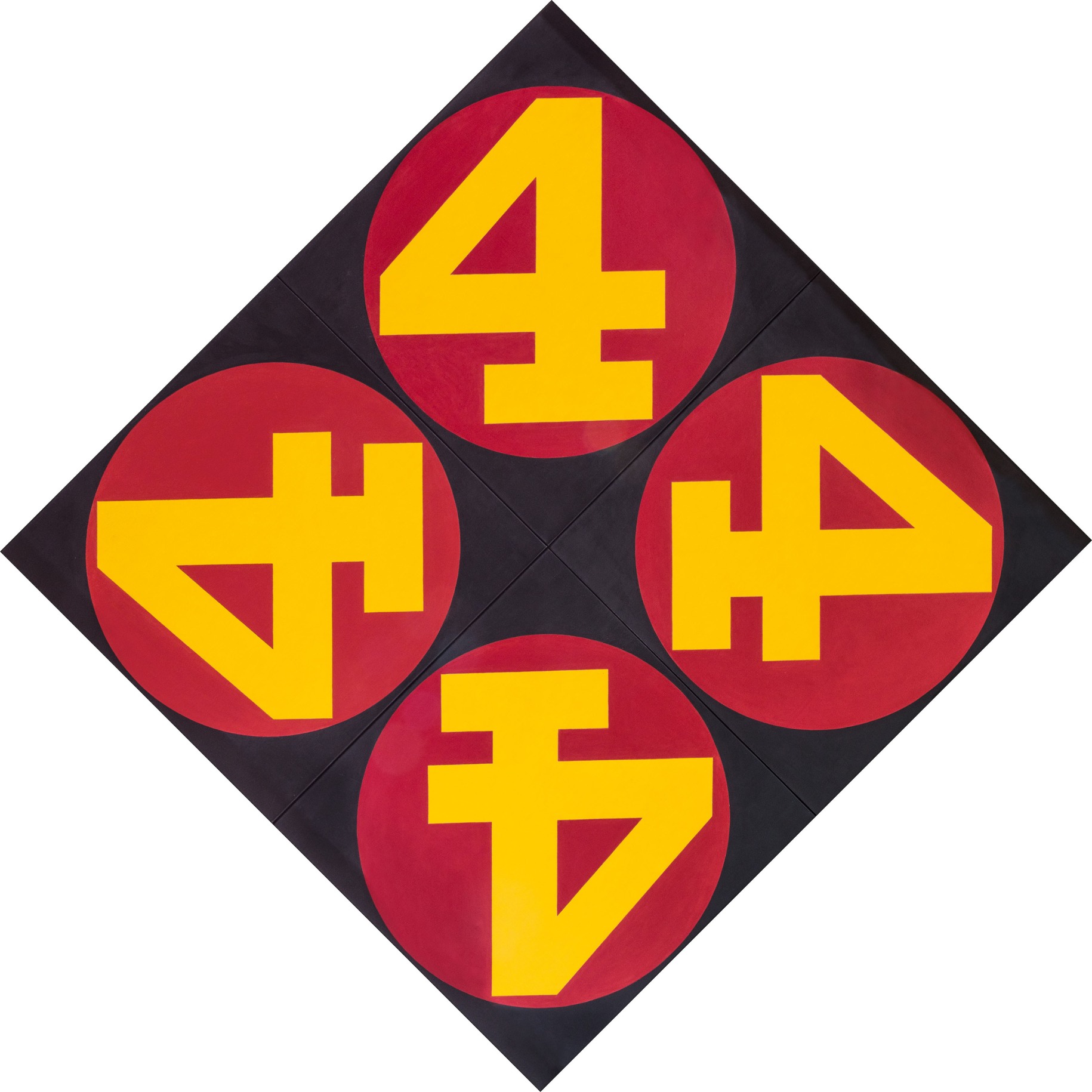 The Big Four, a diamond shaped painting consisting of four diamond shaped panels, each with a yellow numeral four in a red circle. Each four faces a different direction.