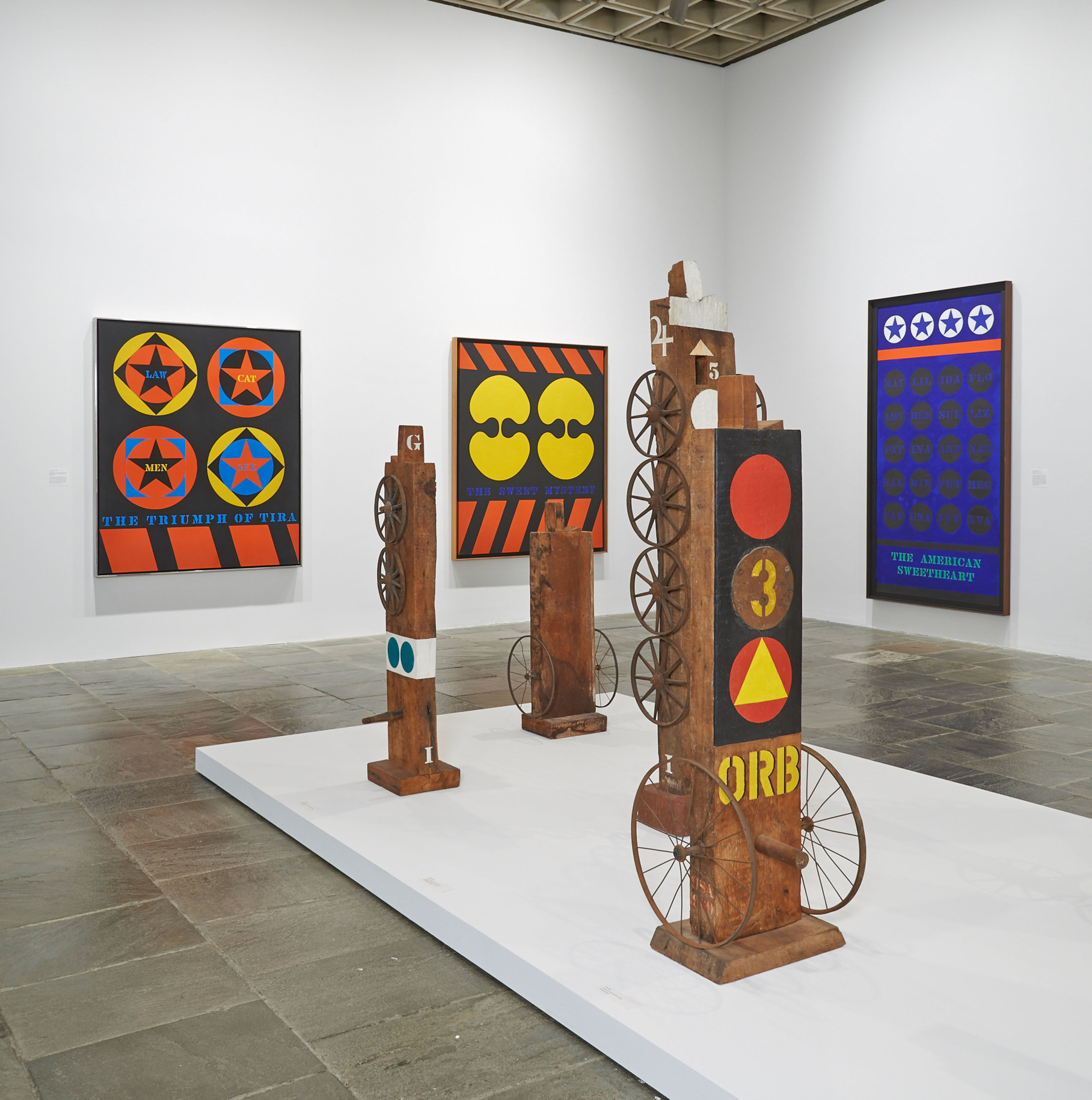 Installation view of Robert Indiana: Beyond LOVE, Whitney Museum of American Art, New York, September 26, 2013&ndash;January 5, 2014, featuring Orb (1960&ndash;62/ca. 1982), &nbsp;