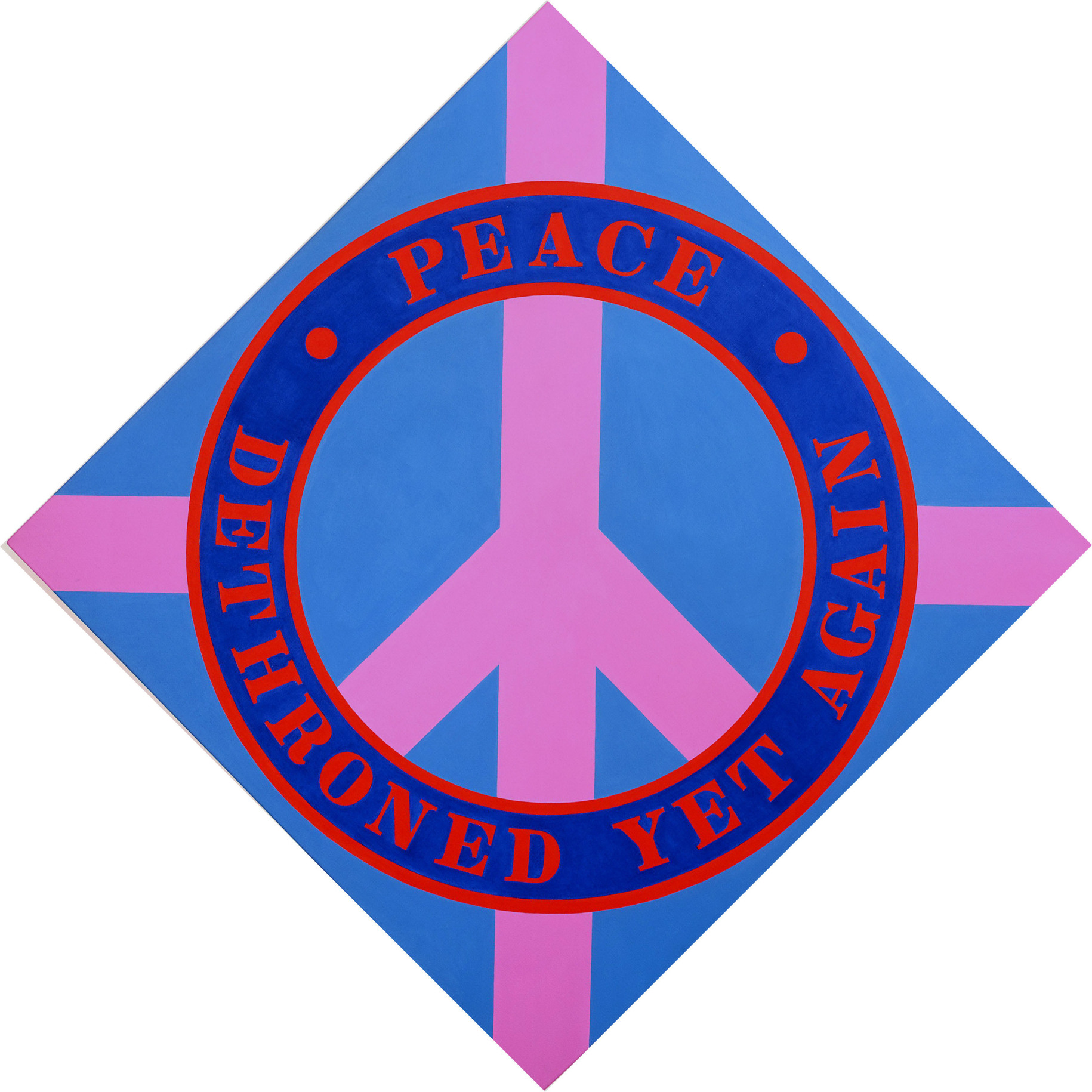 A 50 1/2 by 50 1/2 diamond shaped light blue painting with a lilac peace sign within a circle. The ring around the sign is dark blue with red outlines. In it the work's title, &quot;Peace Dethroned Yet Again,&quot; is painted in red letters. &quot;Peace&quot; appears on the top half, and &quot;Dethroned Yet Again&quot; appears on the bottom half. A small red circle has been painted on each side of the word &quot;Peace.&quot; Lilac rectangular bands of paint go from the outer edge of the circle to each corner of the triangle.