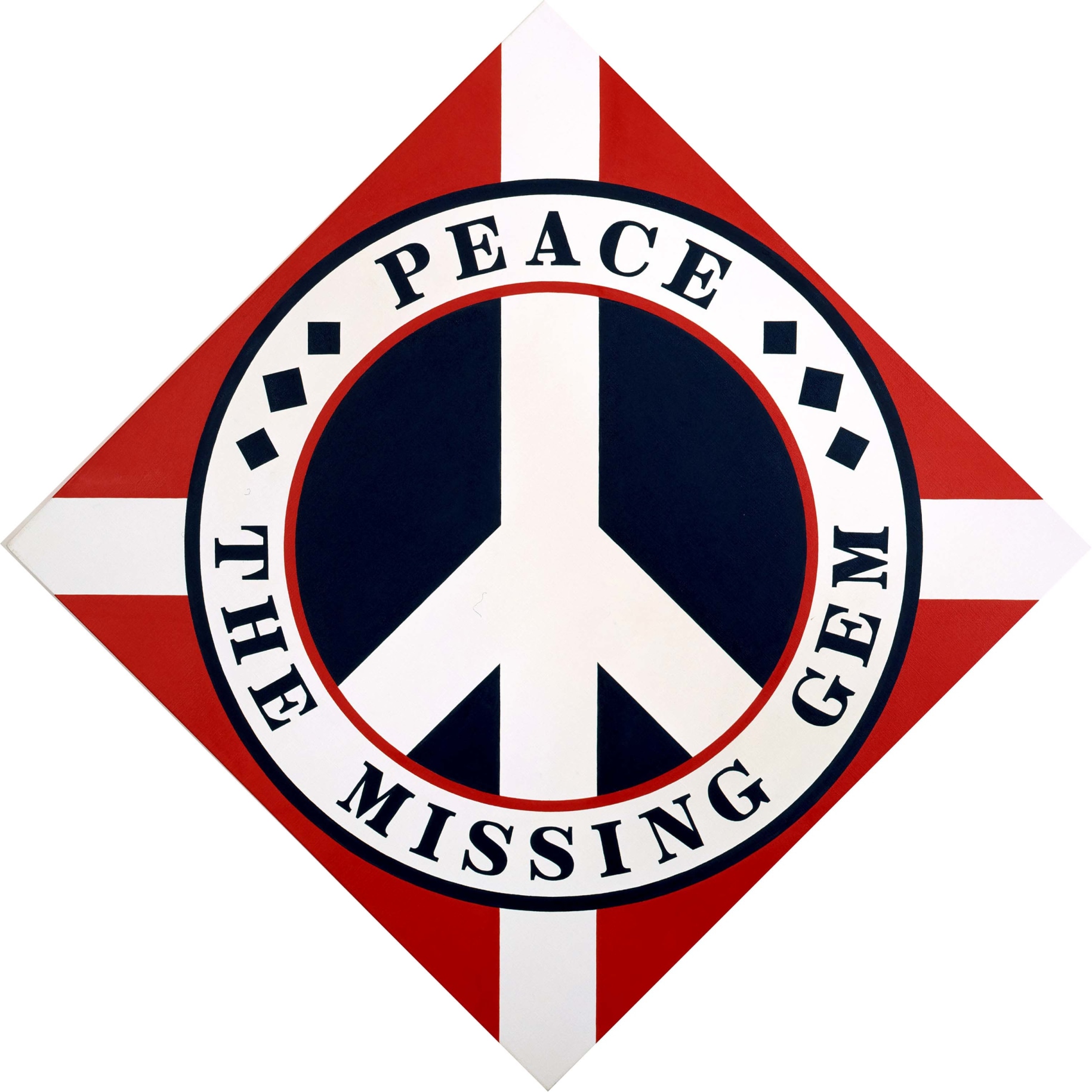 A 50 1/2 by 50 1/2 diamond shaped red painting with a white peace sign in a black circle. The ring around the circle is white with a red inner outline and a black outer outline. In it the work's title, &quot;Peace The Missing Gem,&quot; is painted in black letters. &quot;Peace&quot; appears on the top half, and &quot;The Missing Gem&quot; appears on the bottom half. Three small black diamonds have been painted on each side of the word &quot;Peace.&quot; White rectangular bands of paint go from the outer edge of the circle to each corner of the triangle.