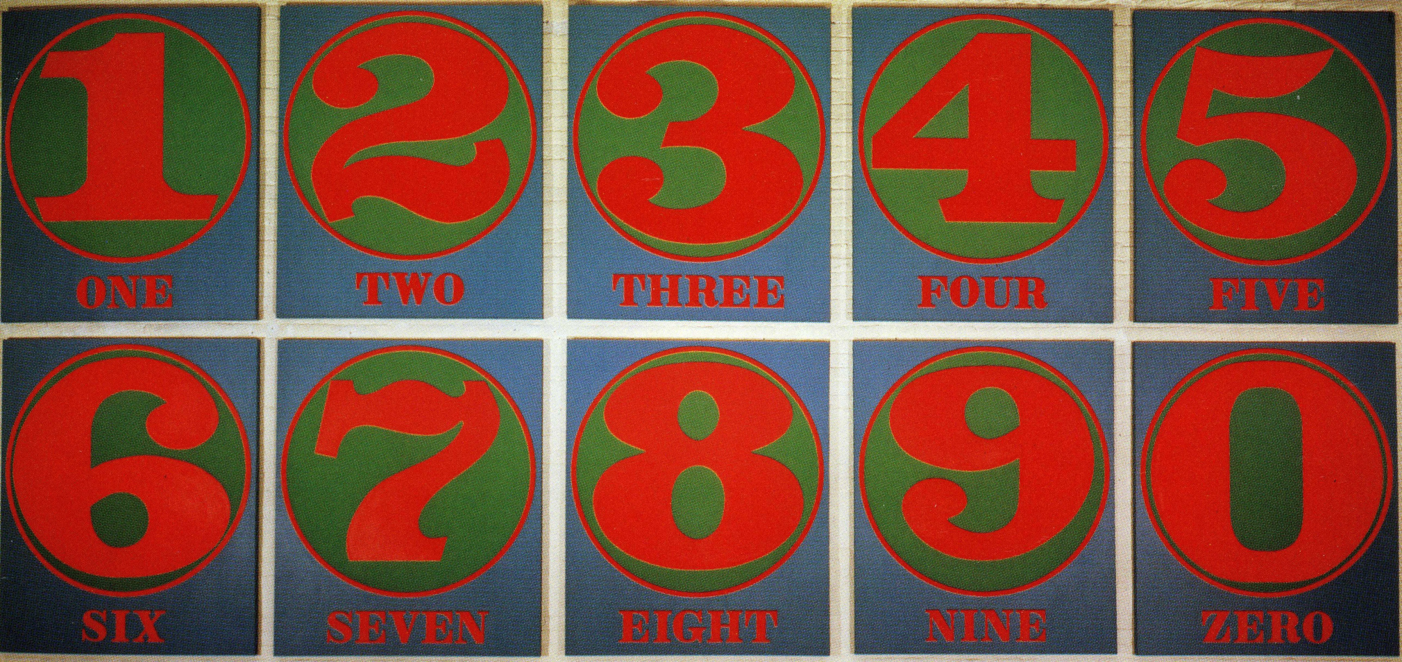 The Cardinal Numbers, ten 60 by 50 inch blue canvases, each with a red numeral between one and zero within a green circle with a red outline. Below the circle the name of the number in the circle is painted in red letters. In this image five works are displayed in two rows horizontally - one through five in the first, and six through zero in the second.