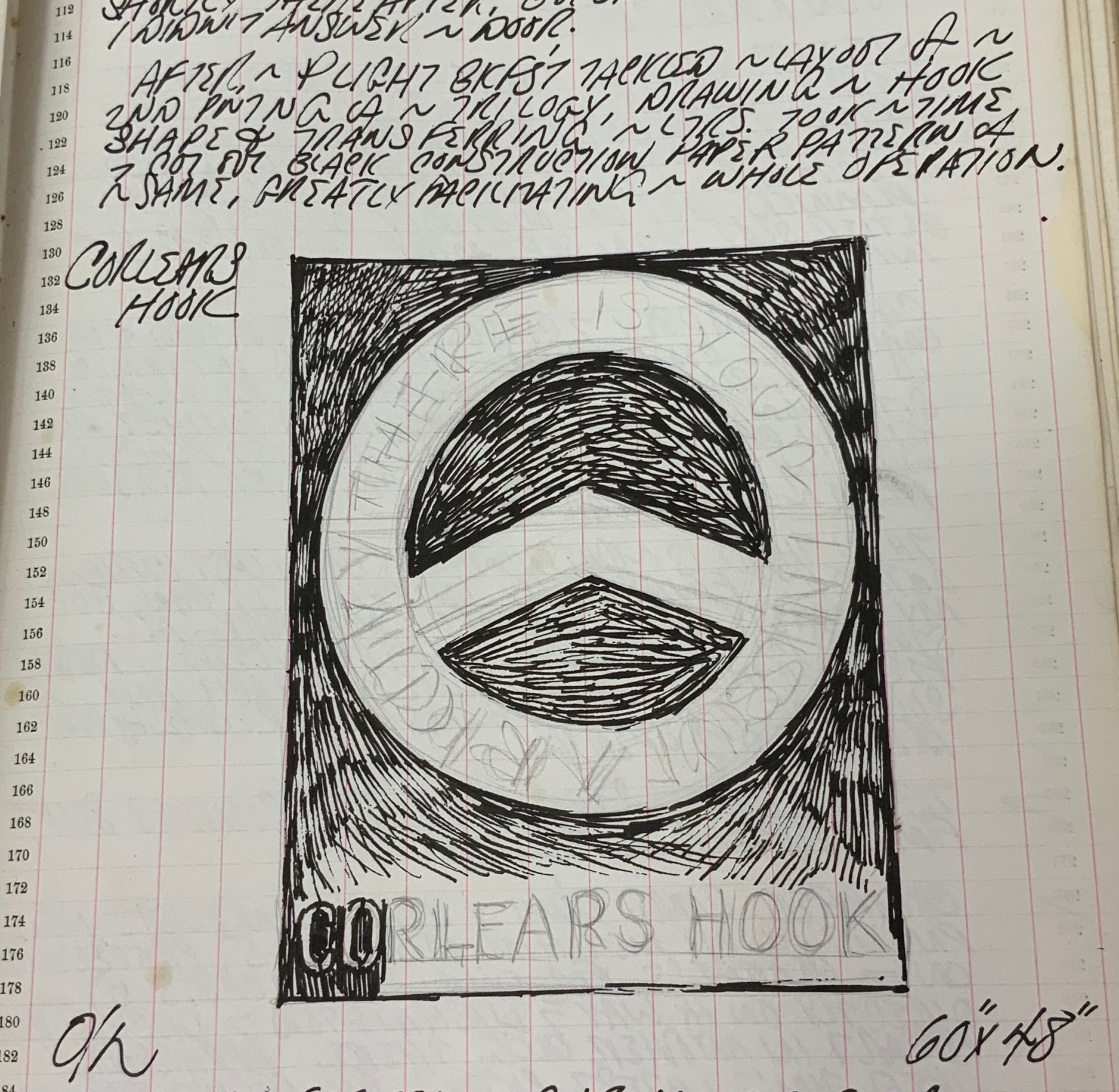 Detail from Robert Indiana's journal entry for June 20, 1962 with a sketch of the Corlear's Hook panel from The Melville Triptych