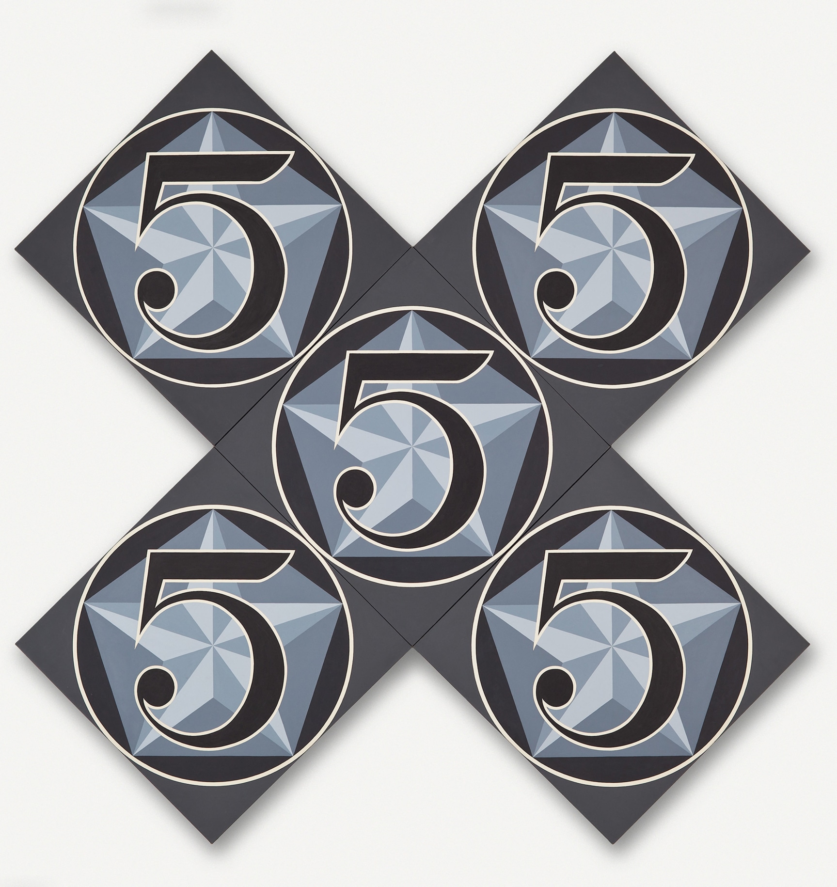 The X-5, an x-format painting made up of five diamond shaped panels, measuring 102 by 102 inches overall. Each panel consists of a black five against a star within a light gray pentagon within a black circle against a dark gray ground.