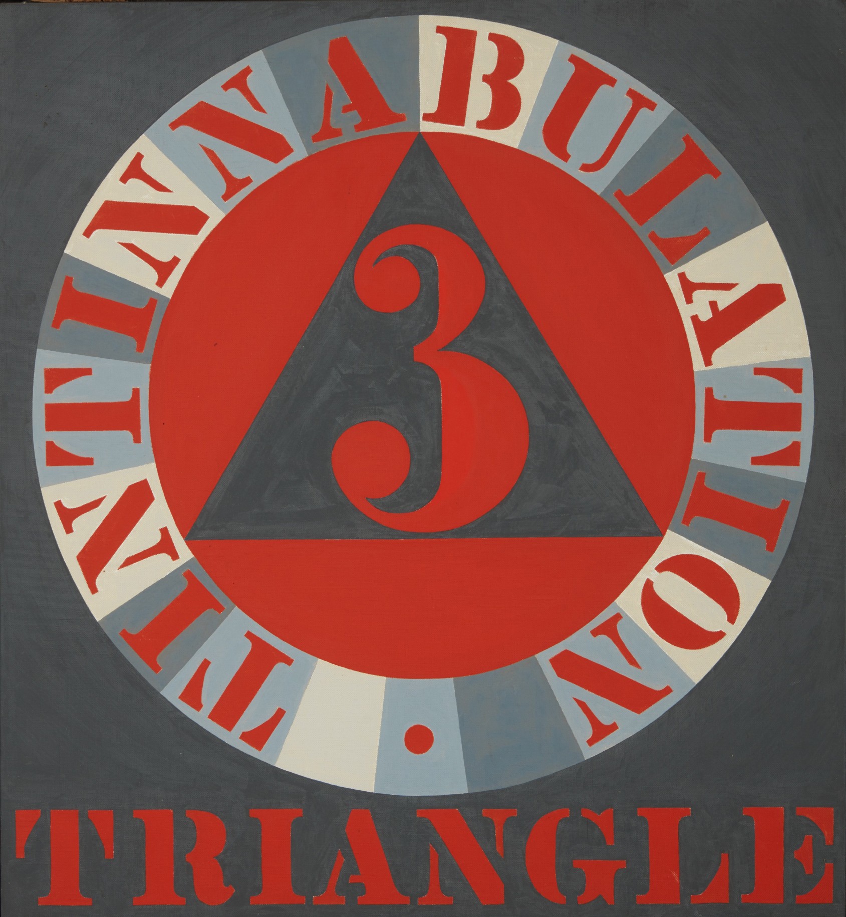 A 24 by 22 inch painting with a gray ground. The word triangle is painted in red letters across the bottom of the canvas. Above this is a red numeral three within a gray triangle within a red circle. surrounding the circle is a gray and white ring with the painting's title, &quot;Tintinnabulation,&quot; in red letters.