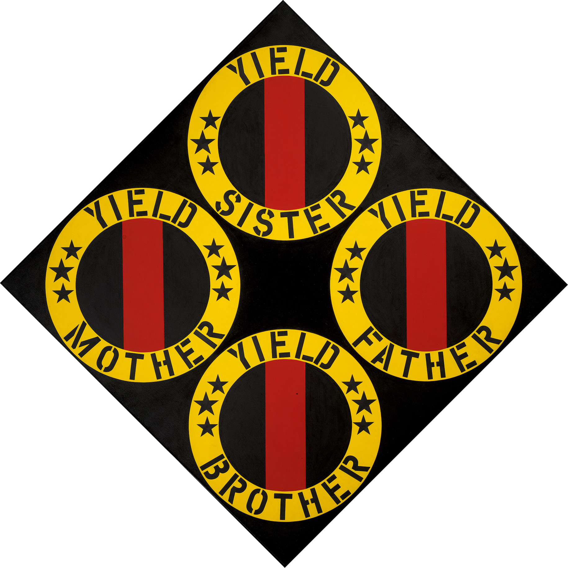 The Black Yield Brother III is an 85 by 85 inch black diamond shaped canvas containing four black circles with a red vertical band surrounded by a yellow ring containing black text and six small black stars. The text in each ring reads, starting a top and going clockwise, &quot;Yield Sister,&quot; &quot;Yield Father,&quot; &quot;Yield Brother,&quot; and &quot;Yield Mother.&quot;