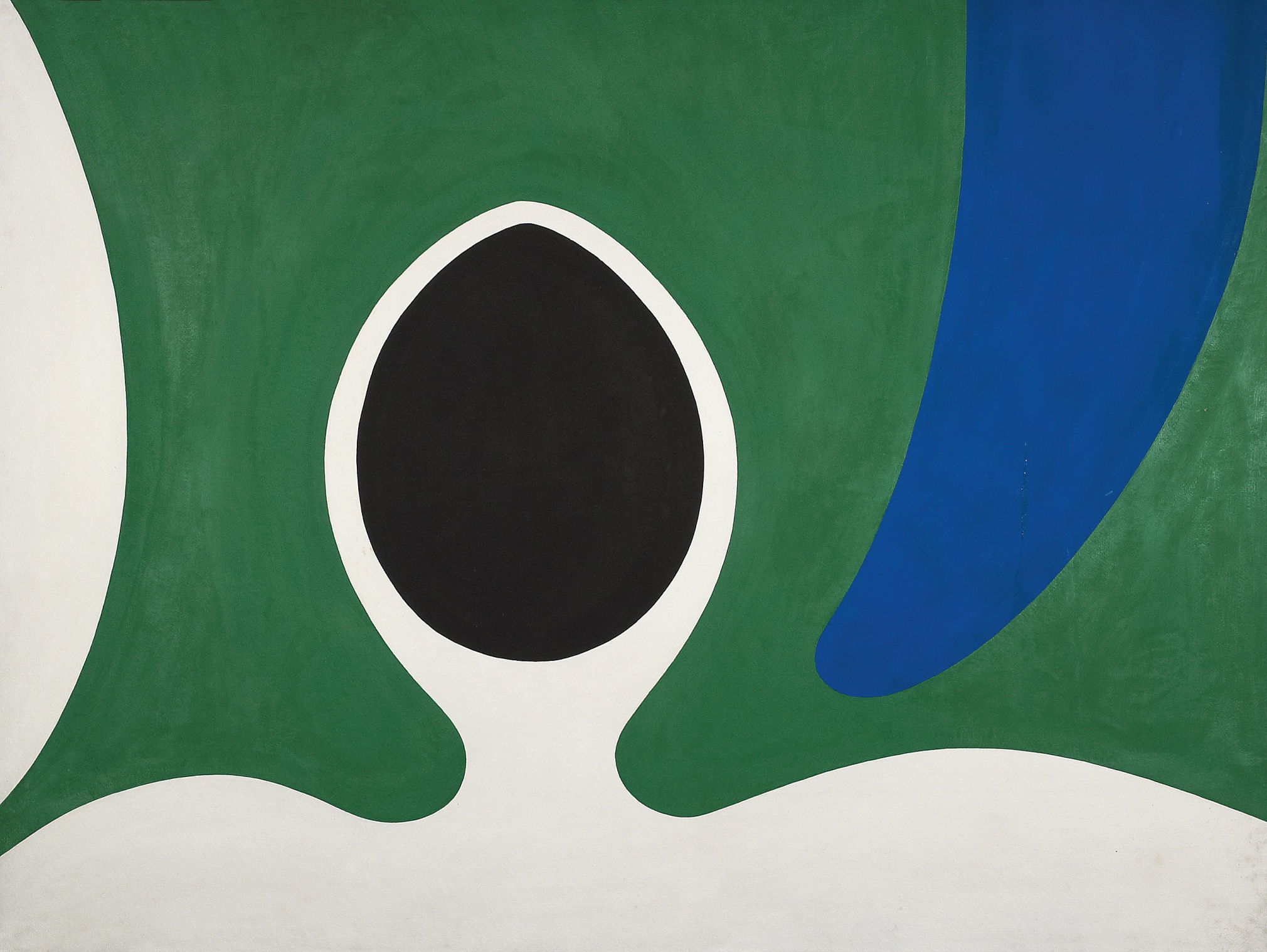 Source I, a painting of a black avocado seed shape surrounded by green and blue planes of color against a white background