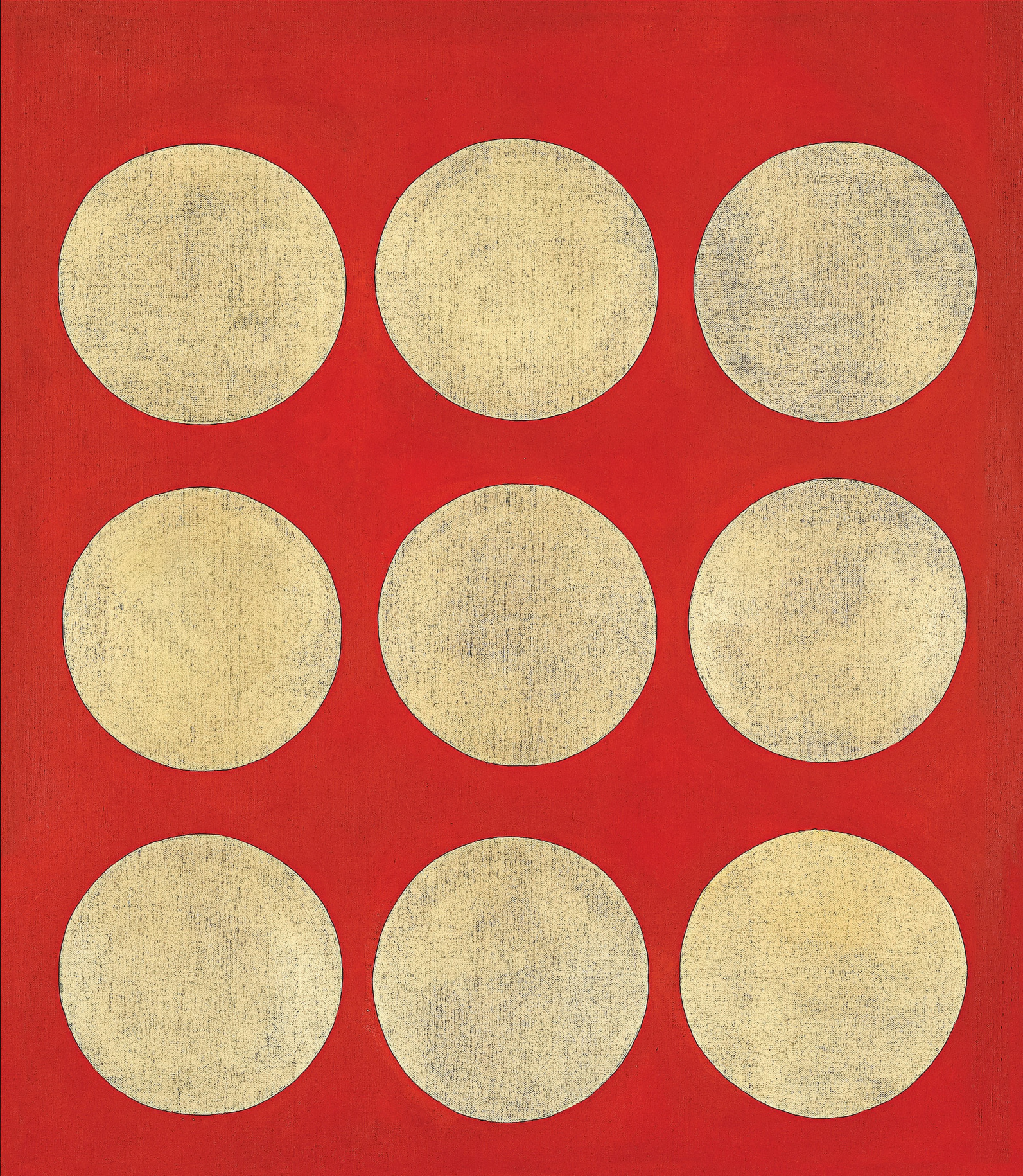 a painting of three horizontal rows of three golden orbs against a red background