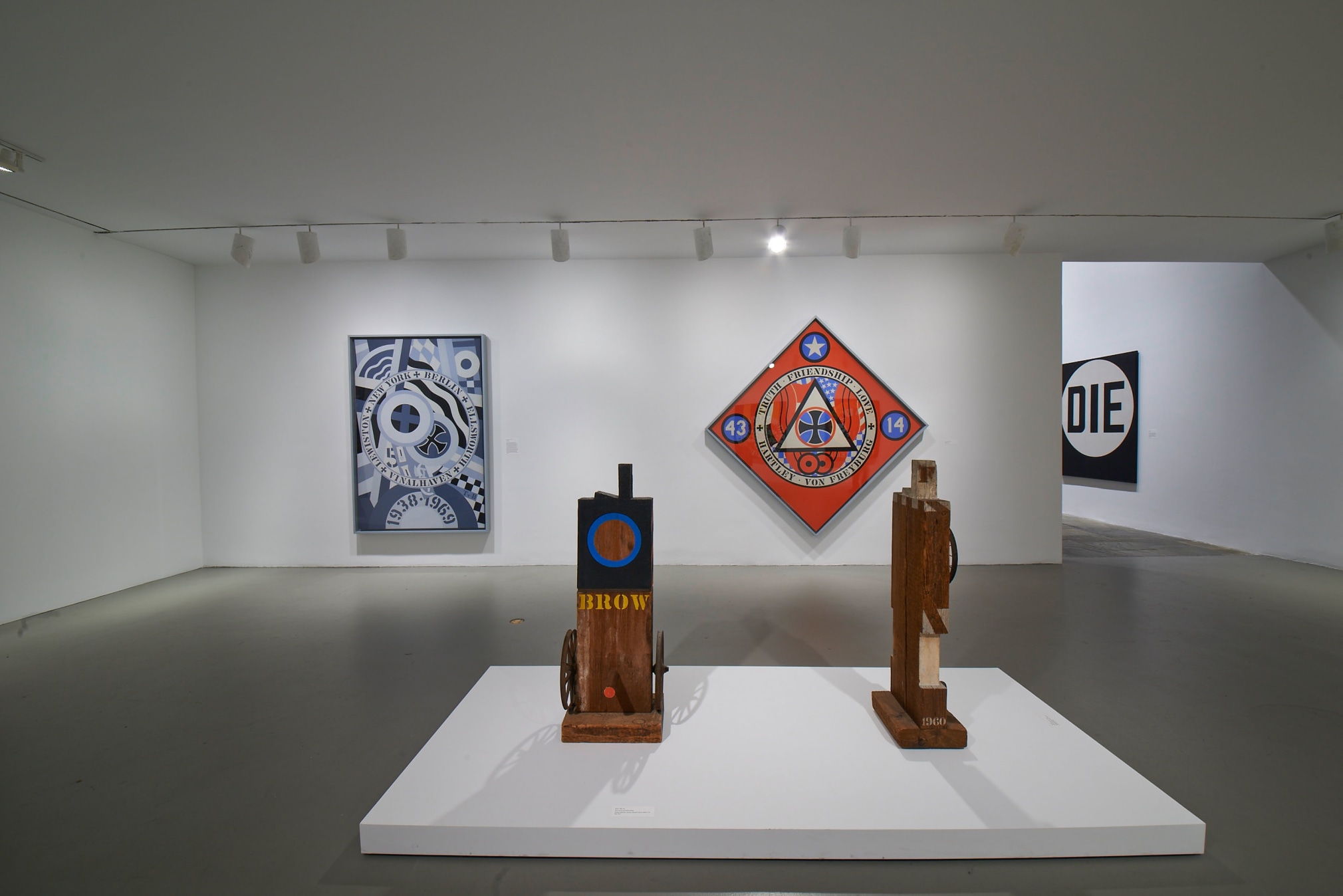Installation view of Robert Indiana: Beyond LOVE, Whitney Museum of American Art, New York, September 26, 2013&ndash;January 5, 2014. Left to right, KvF IV (Hartley Elegy) (1989&ndash;94), Brow (1960&ndash;62), M (1960), and KvF X (Hartley Elegy) (1989&ndash;94). Photo: Tom Powel Imaging