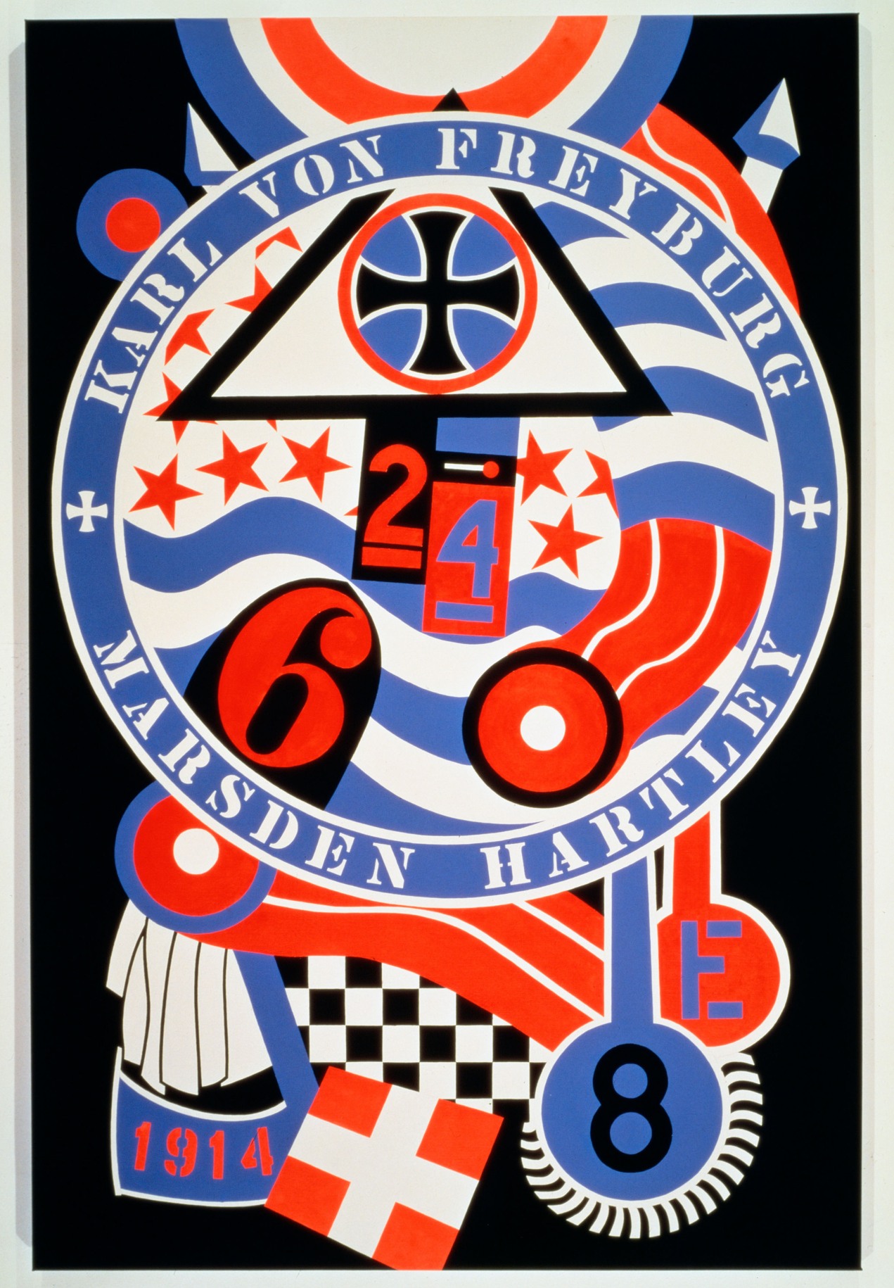 KvF II (Hartley Elegy), a 77 by 51 inch painting with a black ground. The other colors used in the painting are blue, red, and white. A circle surrounded by a blue ring with text dominates the upper two thirds of the canvas. In the upper half of the ring &quot;Karl von Freyburg&quot; has been painted in white stenciled letters, and in the lower half &quot;Marsden Hartley.&quot; Within the circle is a black iron cross in a blue circle in a white triangle with a black outline, as well as other World War I motifs and references to the soldier Karl von Freyburg, including a red numeral six and the number 24, the 2 painted in red against black and the four in blue against red. More motifs and references appear in the bottom third of the painting, including the flag of St. George, the date 1914 in red on a blue background, a blue letter E in a red circle, and a black numeral 8 in a blue circle.