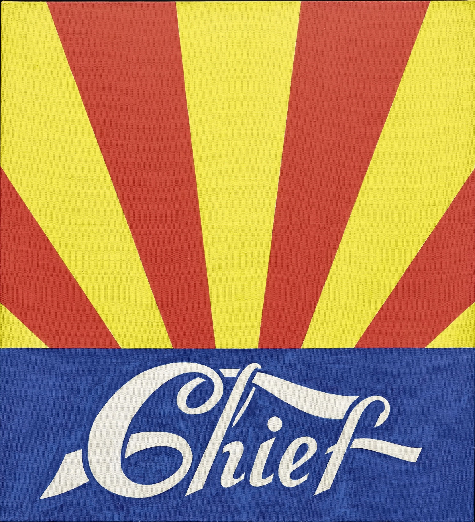 A 24 by 22 inch painting. The bottom third is blue, with the title, Chief, painted in white letters. Emanating from the blue band at the bottom and covering the top two thirds of the canvas are alternating red and yellow rays.