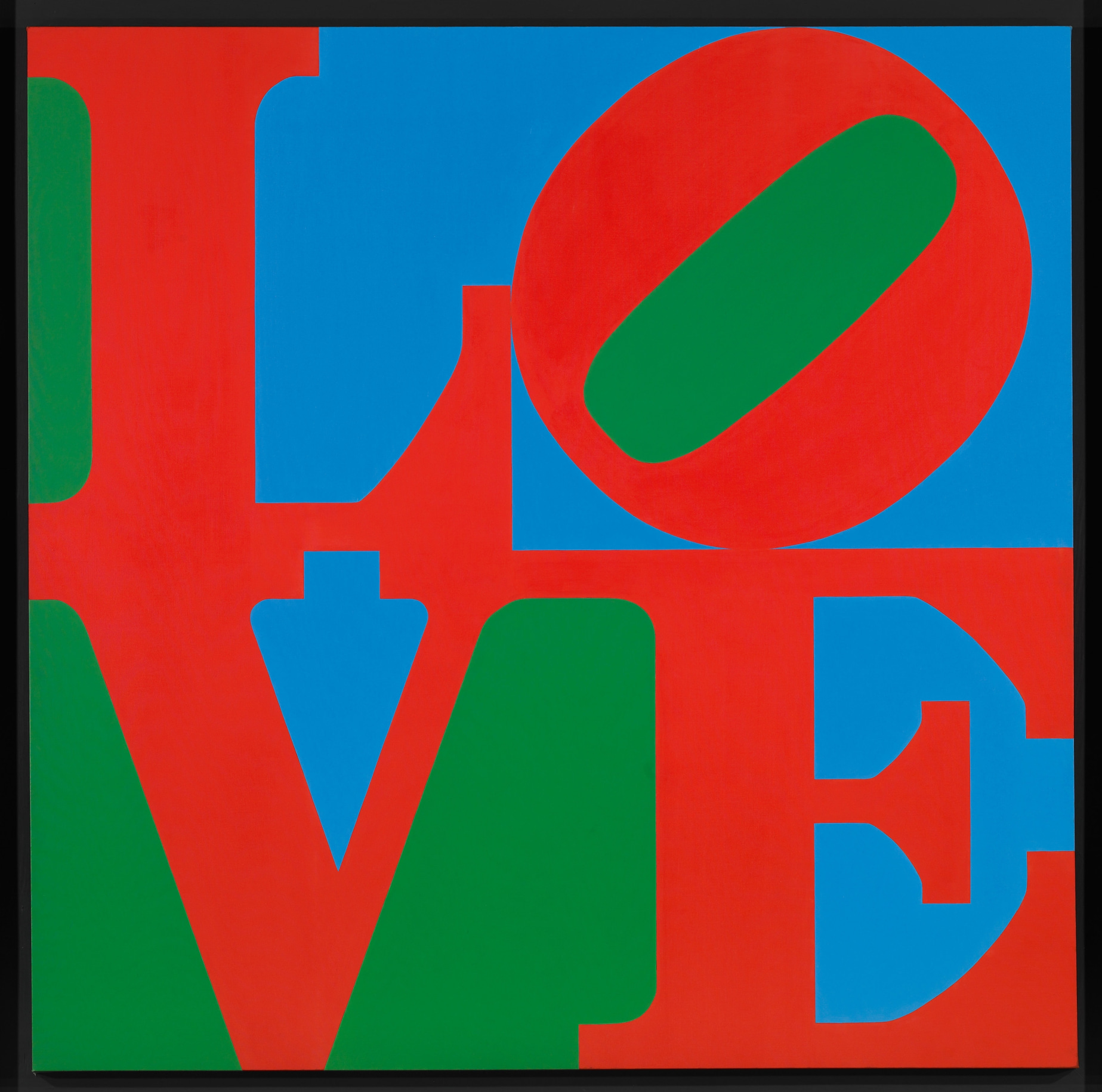 LOVE is a 72 inch square painting with the red letters L and a tilted O stacked above the letters V and E, against a green and blue background.