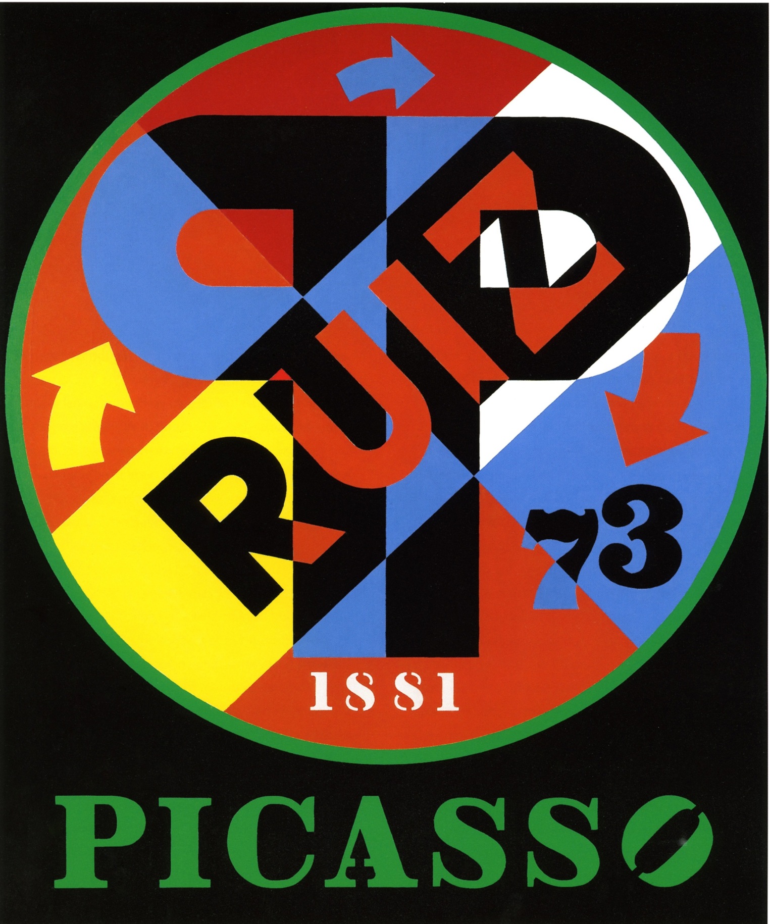 Picasso II, a 60 by 50 inch painting with a black ground and the word Picasso painted in green letters across the bottom of the canvas. Above, and occupying most of the canvas, is a circle with a green outline. Dominating the circle are two blue and black large letter &quot;P&quot;s, back to back. In a diagonal band across the circle and over the Ps is the name &quot;Ruiz,&quot;painted in black and red letters. The date 1881 is painted in white numbers at the bottom of the circle, and to the right is the date 73 in blue and black numbers, with a red arrow above it. A yellow arrow appears in the middle left side of the circle, and a blue arrow at the top of the circle.