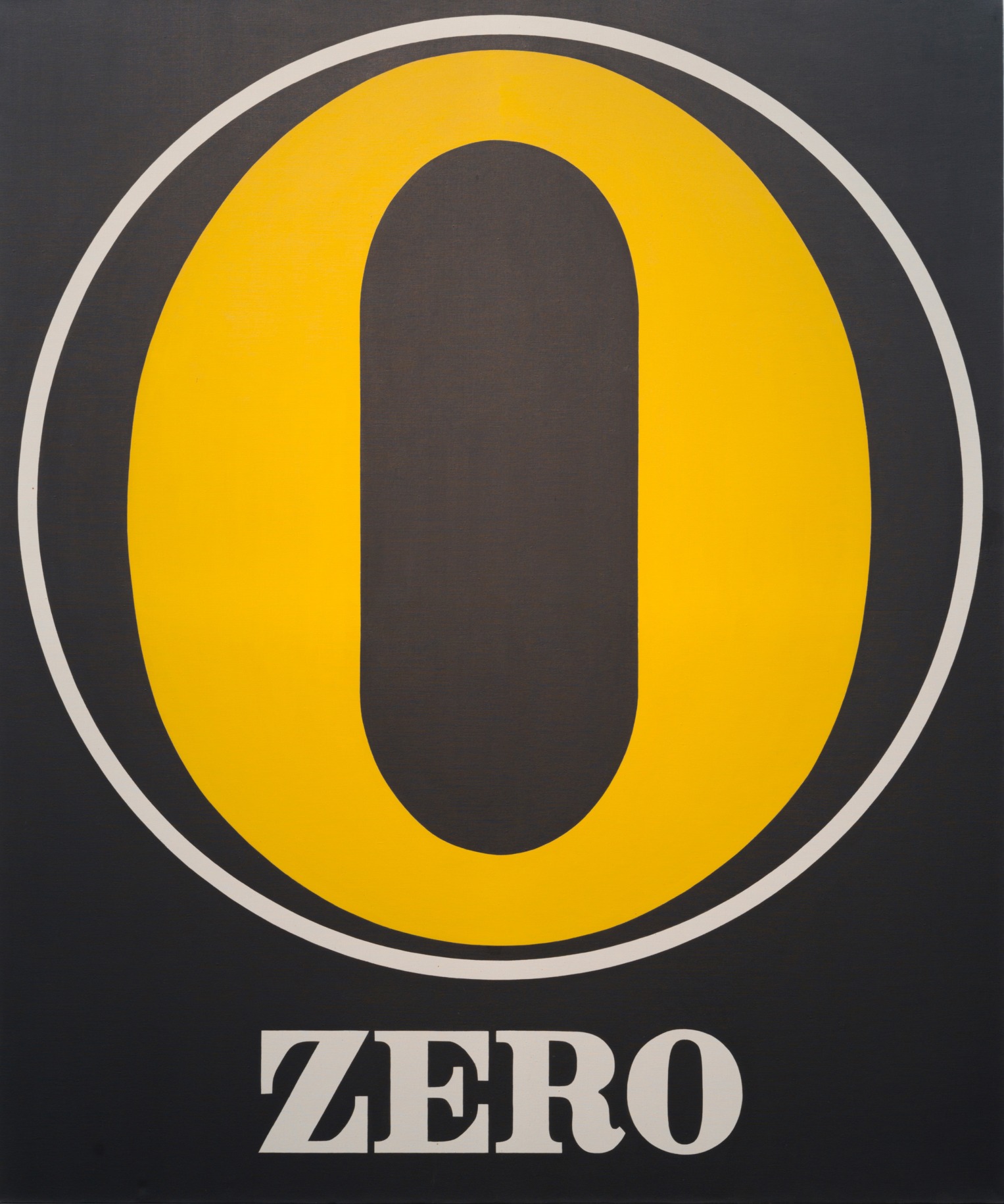 Golden Zero is a 60 by 50 inch black canvas with ZERO painted in white letters at the bottom. Dominating the canvas is a golden yellow numeral zero within a black circle with a white outline.