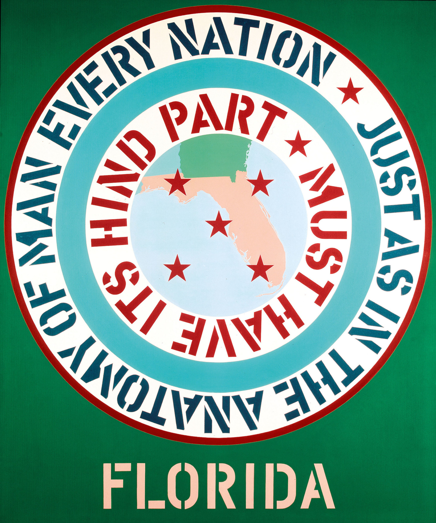 A 70 by 60 inch dark canvas with the title, Florida, painted in pink stenciled letters across the center bottom edge of the painting. Above the title and dominating the canvas is a large circle consisting of a pink image of the state of Florida in the center. Around this image is a white ring with stenciled red text surrounded by a blue ring and another white ring with blue stenciled text. The text reads, starting in the outer ring, &quot;Just as in the anatomy of man every nation,&quot; and in the inner ring &quot;must have its hind part.&quot;