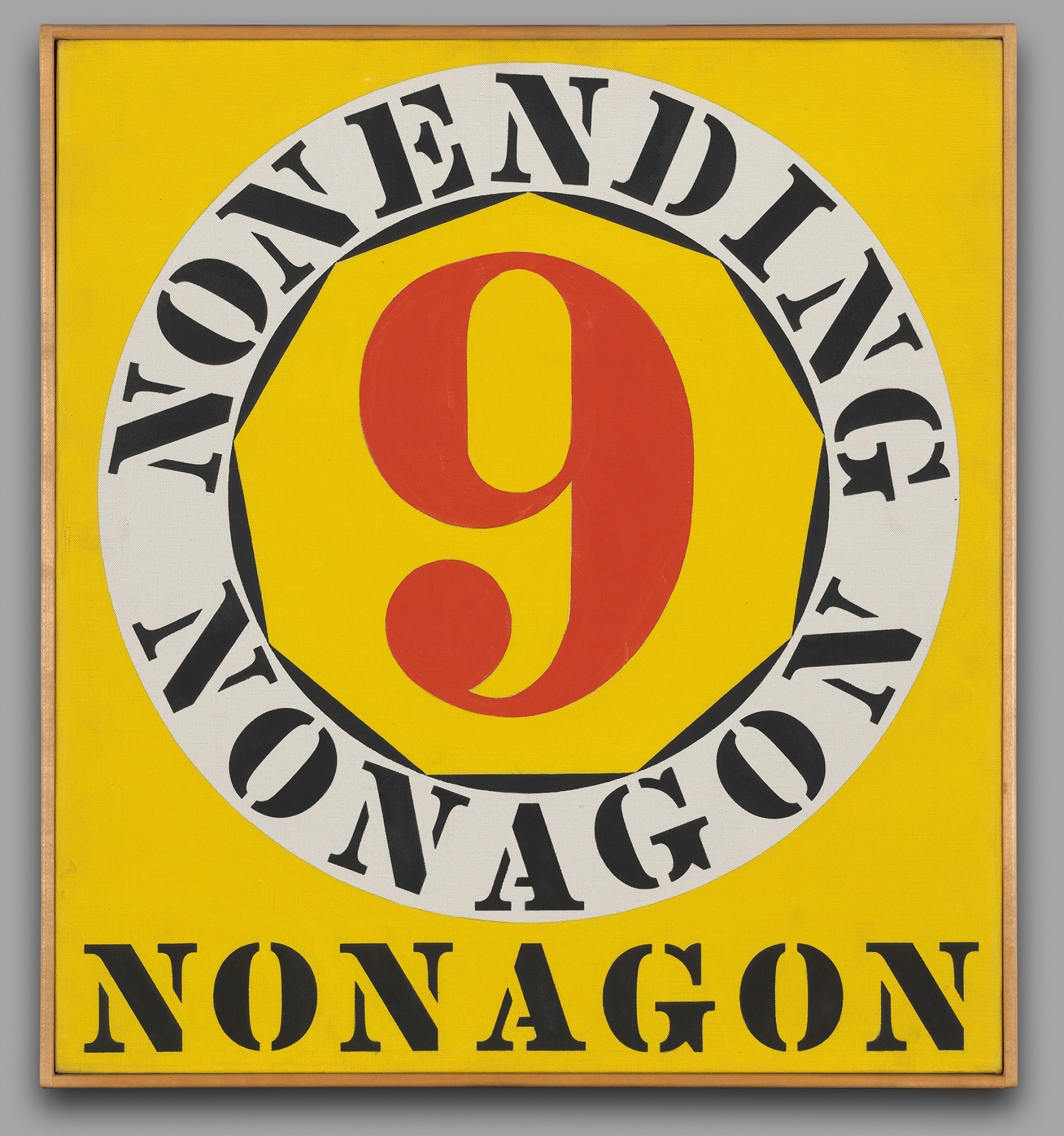 Polygon: Nonagon, a 24 by 22 inch painting with a yellow ground. Across the bottom of the canvas the word &quot;nonagon&quot; has been painted in black letters. Above this is a yellow nonagon containing a red numeral nine. Surrounding this is a white ring with the text &quot;nonending nonagon&quot; painted in black.