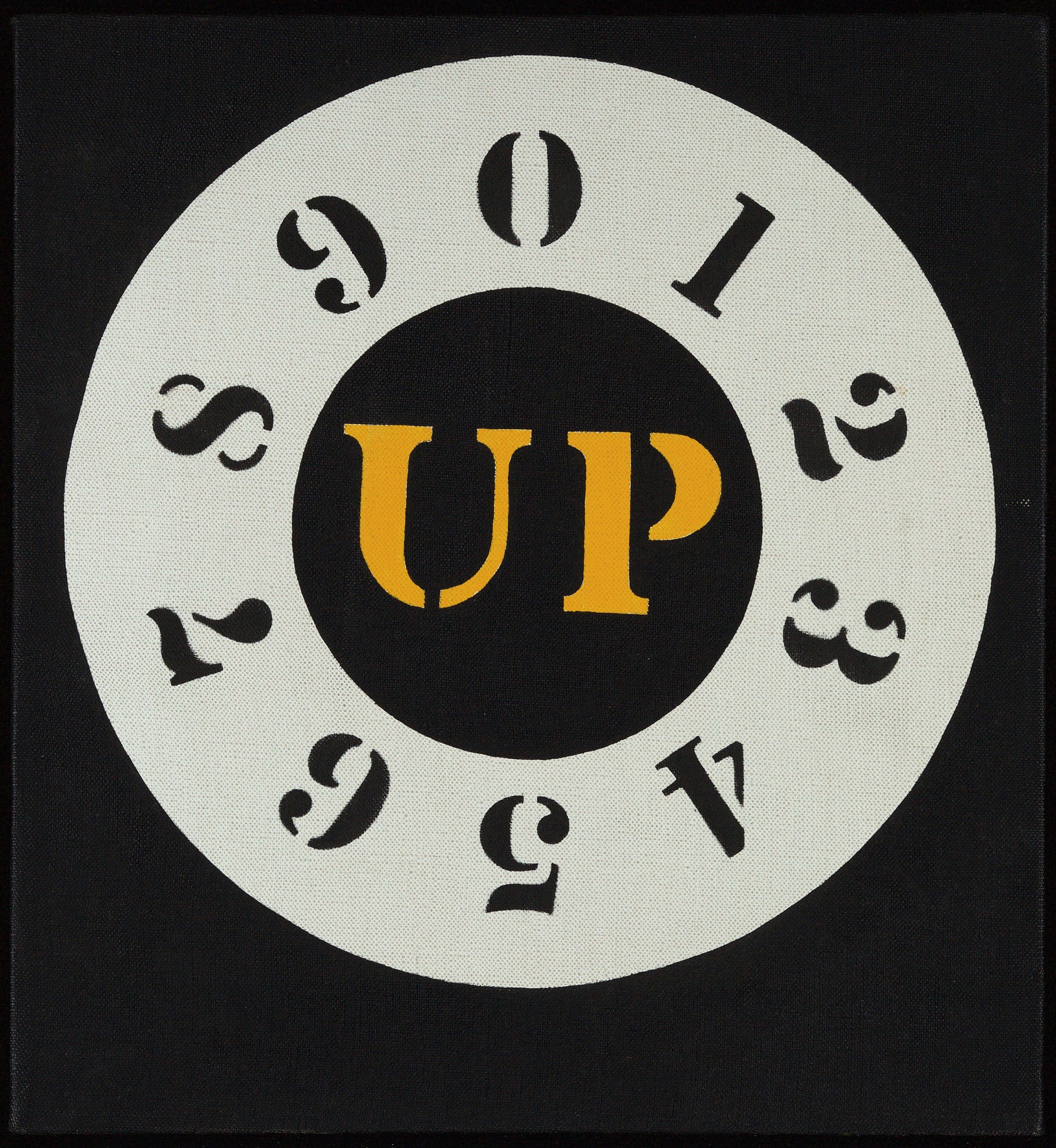 Up, a 12 by 11 inch canvas with a circle on a black background. In the middle of the circle is the word UP, painted in yellow stenciled letters. The star is surrounded by a white ring containing the black numerals going clockwise from zero at the top though nine.