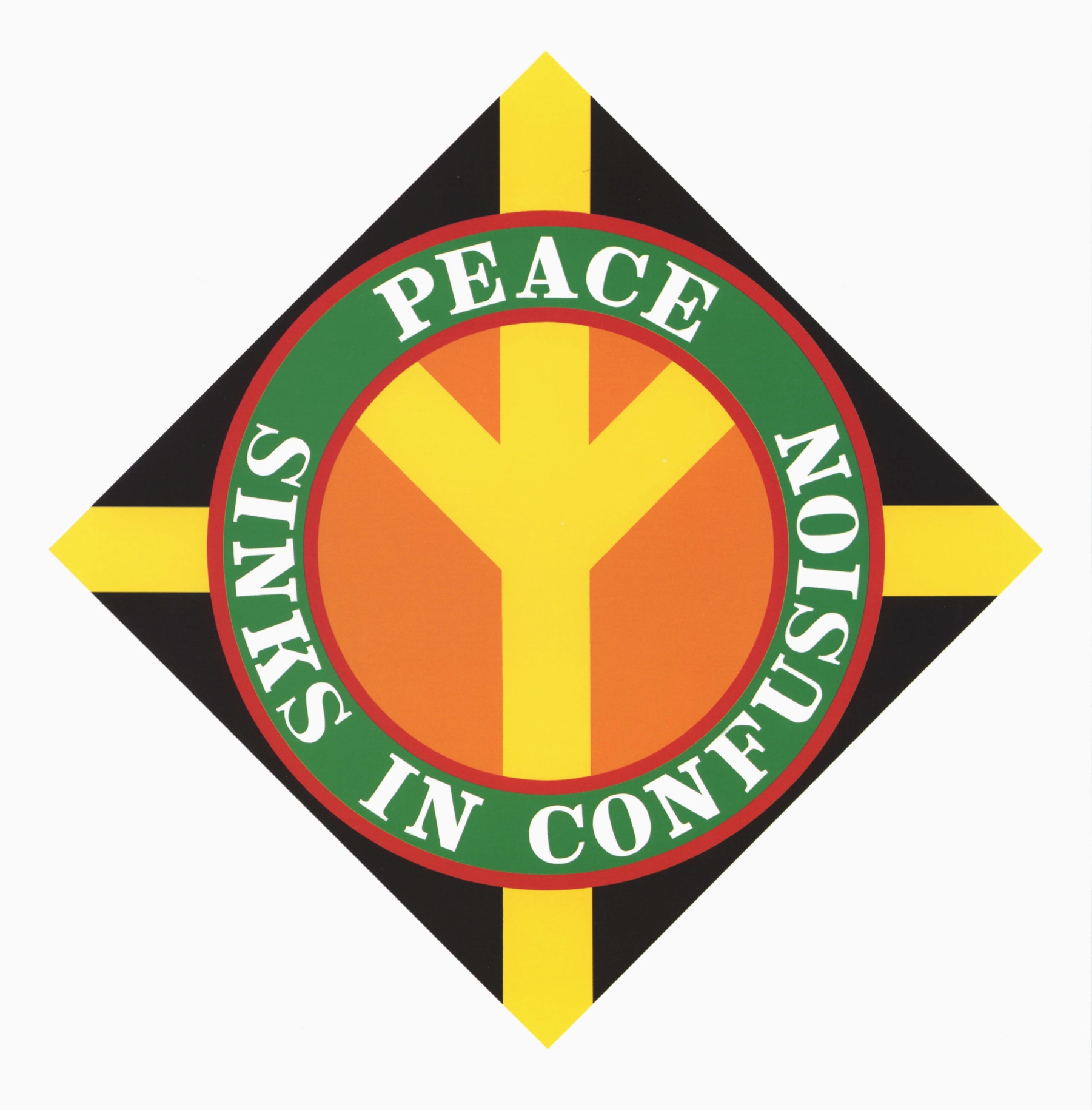 A 67 1/2 by 67 1/2 inch diamond shaped black painting with an upside down yellow peace sign in an orange circle. The ring around the circle is green with red outlines. In it the work's title, &quot;Peace Sinks in Confusion,&quot; is painted in white letters. &quot;Peace&quot; appears on the top half, and &quot;Sinks in Confusion&quot; appears on the bottom half. Yellow rectangular bands of paint go from the outer edge of the circle to each corner of the triangle.