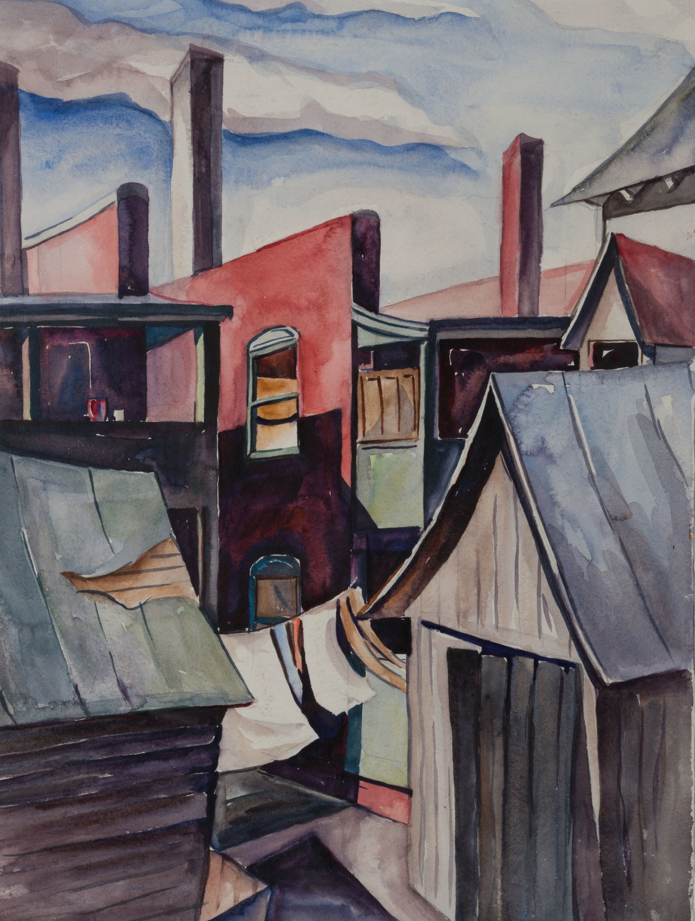 Watercolor of shacks and apartment buildings crowded together. A line of laundry drying can be seen in the lower central part of the image.