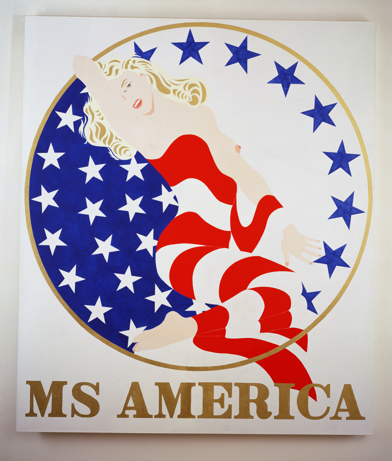 A 70 by 60 inch canvas with a white ground and the painting's title &quot;Ms America&quot; painted in gold letters across the bottom. Above the title is a white circle with a gold outline. in the circle is an image of Monroe draped in the red and white stripes of the American flag, one breast exposed. To the left of the image of Monroe the circle is painted blue, and filled with white stars. Nine blue stars run down the inner right edge of the star.
